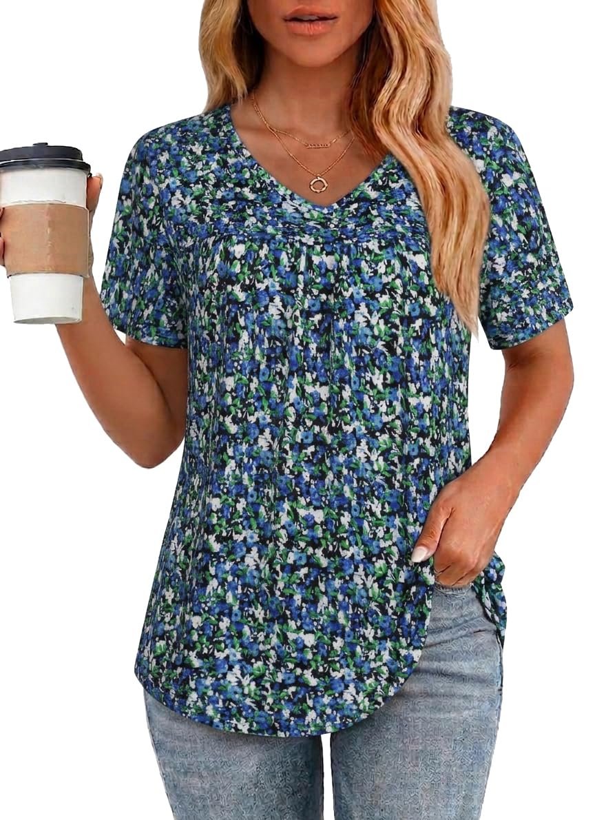 Pleats caught the last of the sun — Rosemia Womens Blouses Short Sleeve V Neck T Shirts Pleated Flowy Graphic Tunic Tops