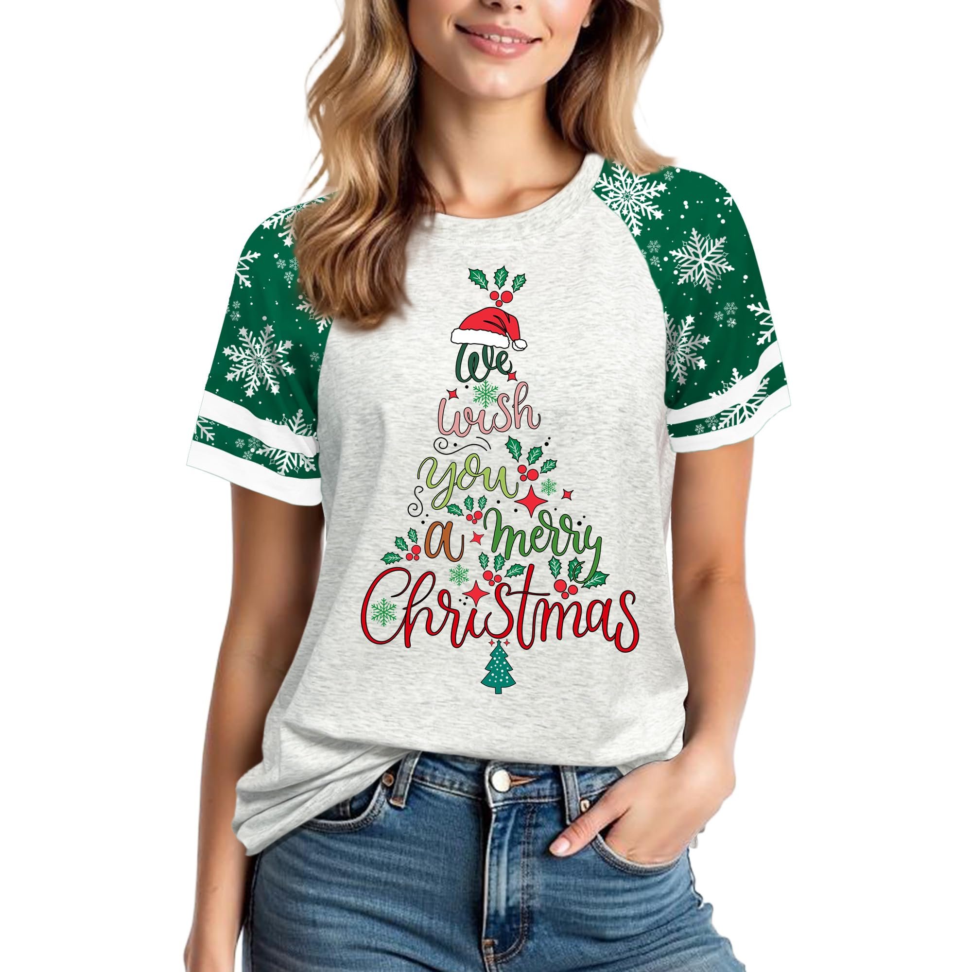 One errand, full fit check: Shirt — Lknznn Christmas Shirts for Women: Color Block Botanical Costumes Tee