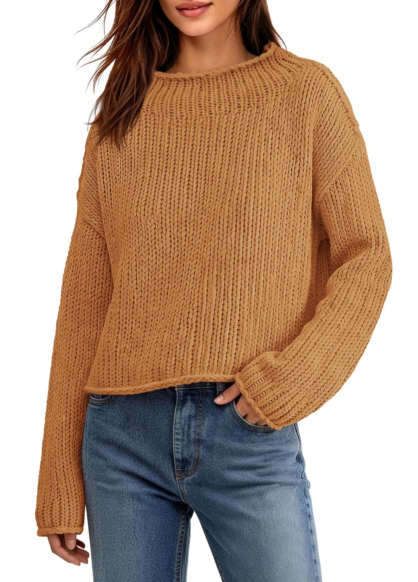 Pale yellow chunky knit with rolled boat neck — ReachMe Women's Chunky Knit Mock Neck Cropped Sweater