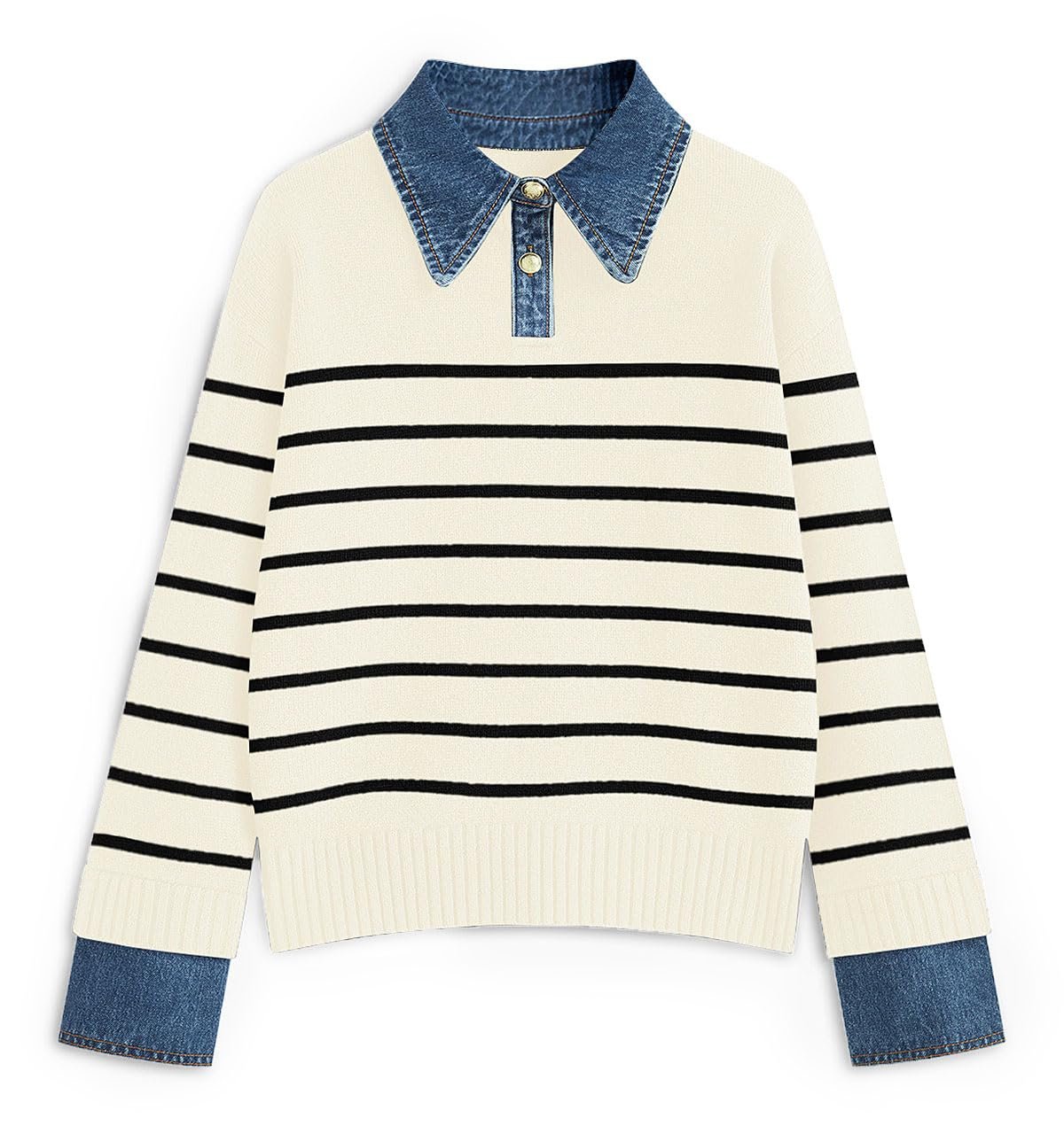 Cream stripes meeting the denim collar and cuffs — Etcyy Womens Oversized Sweater Cozy Fall Denim Lapel Polo Knit Collared Sweaters