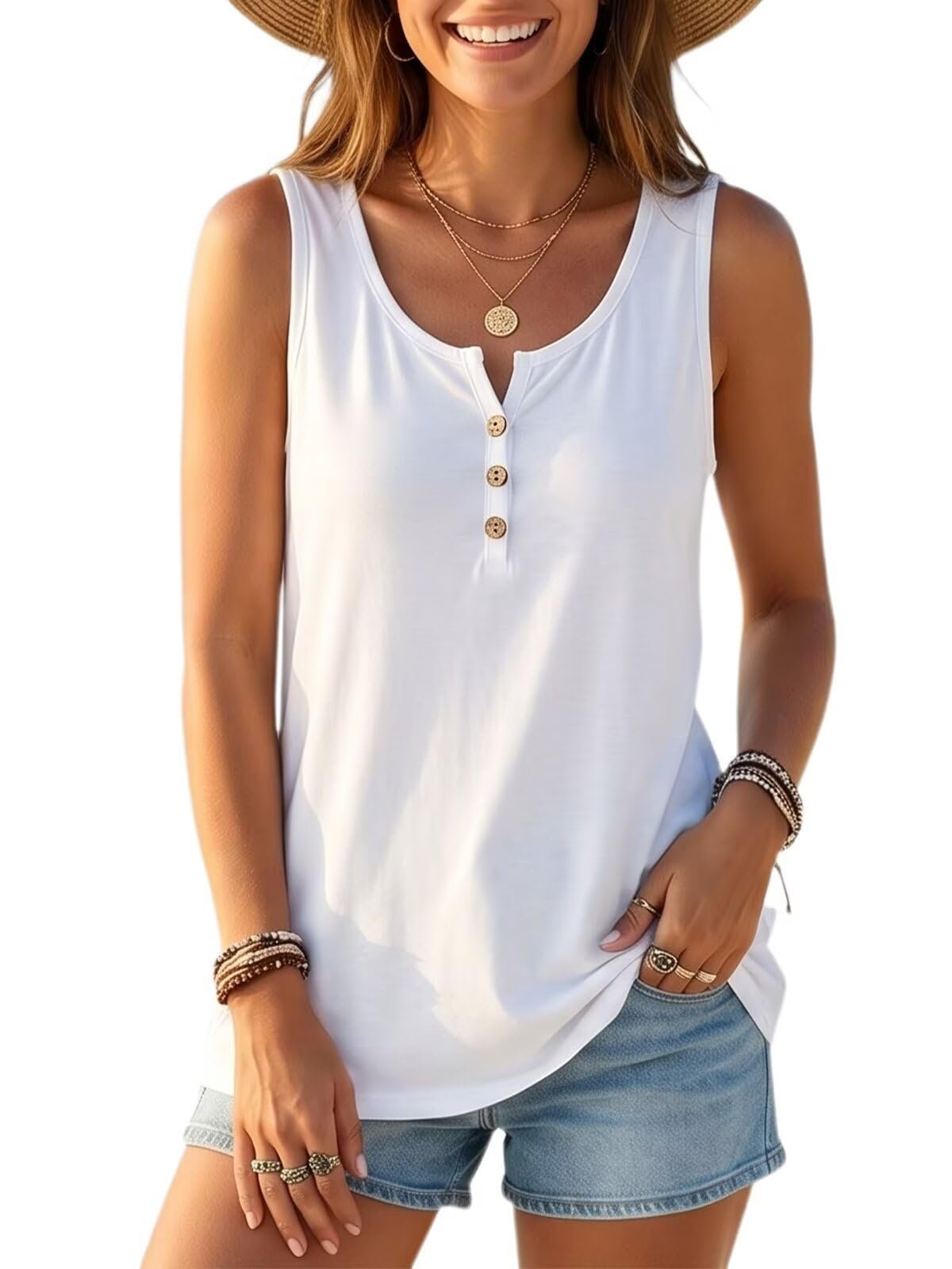 Partly cloudy, fully styled in Tank Top — Linpacious Tank Tops for Womens Casual Henley Shirts Summer Beach Vacation Sleeveless Clothing,Faux Buttons Ladies Outfits