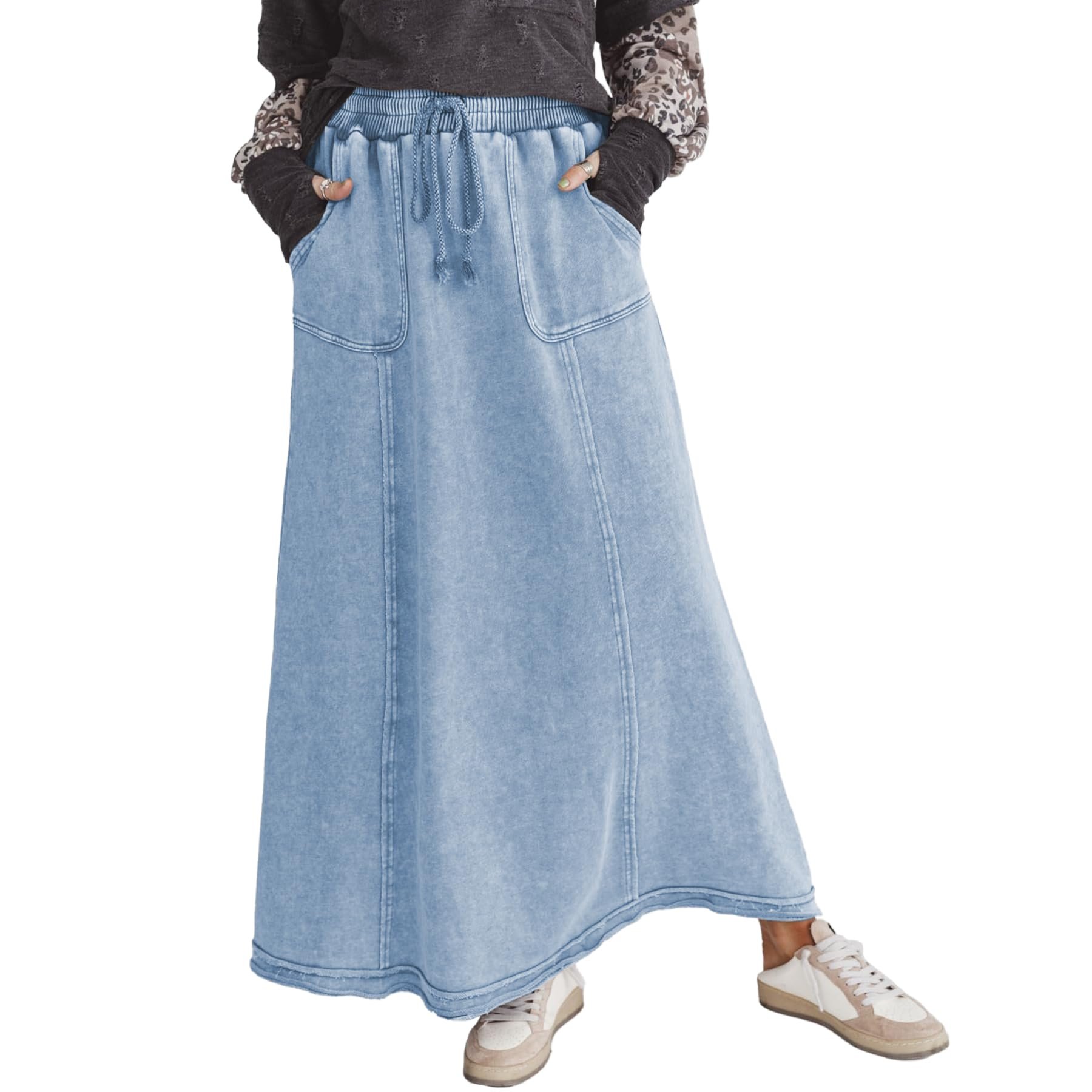 Blue drawstring tassels on the high waisted maxi — Ainangua Womens High Waist Maxi Skirt Acid Wash Casual Flowy Elastic A Line Travel Boho Long Skirt with Pockets