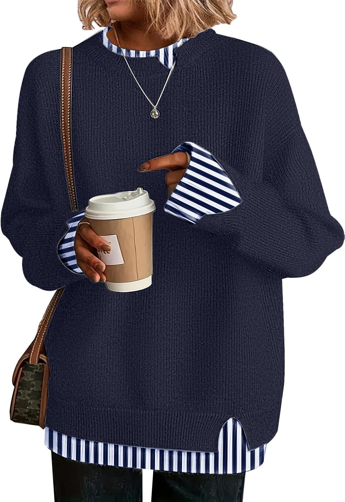 Navy sweater with the striped hem and side slit — Disamer Womens Sweaters Fall Clothes Fashion 2026 Sweater School Teacher Outfits