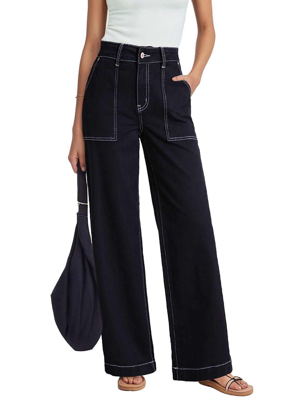Wide-leg pockets outlined with white contrast stitch — Dokotoo Women's Pants High Waisted Jeans Stretch Colorblock Denim Pants