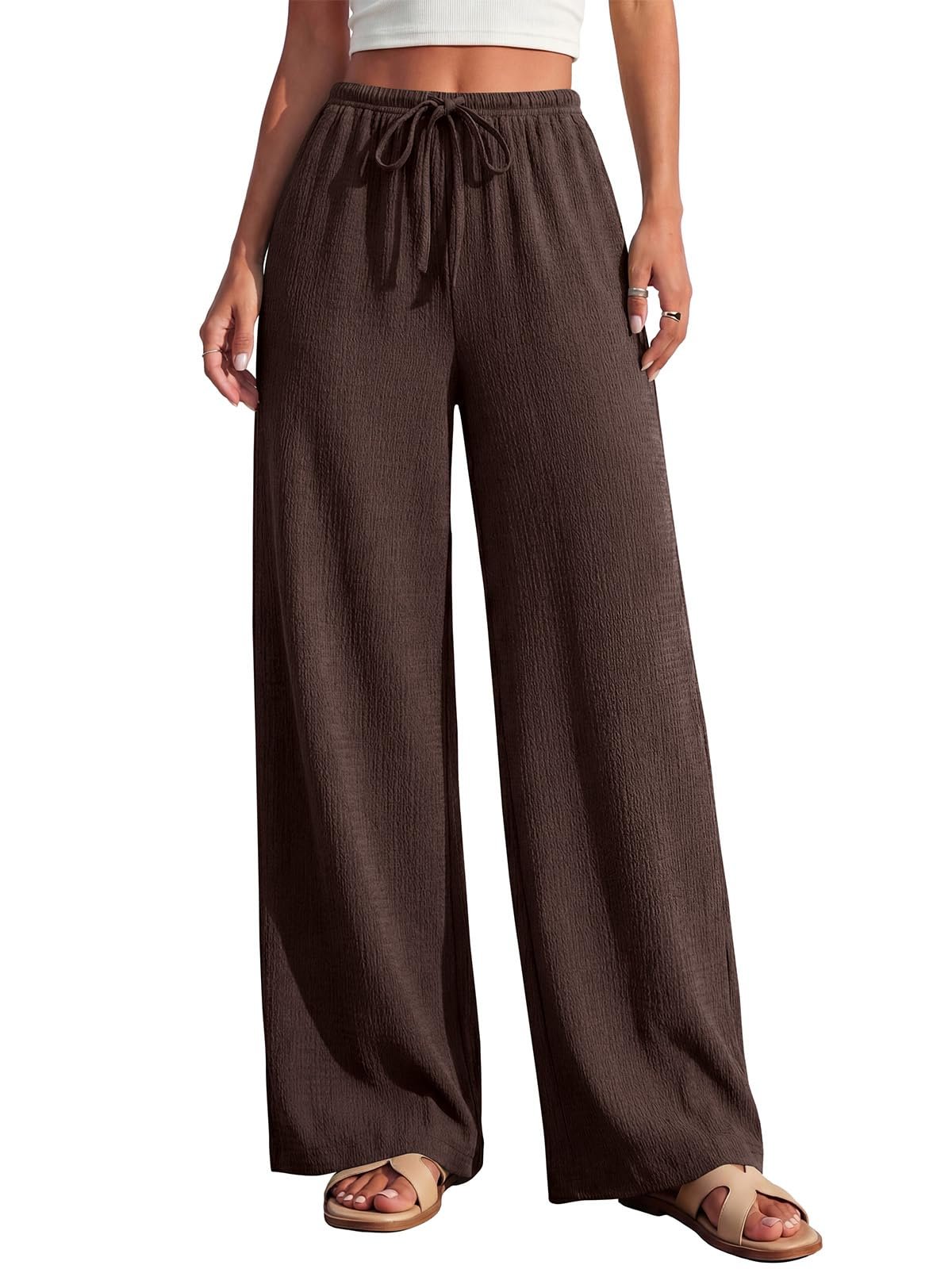Brown palazzo pants flowing from the drawstring waist — Prettygarden Women's Summer Wide Leg Pants Elastic Waist Lightweight Casual Flowy Palazzo Lounge Trousers with Pockets