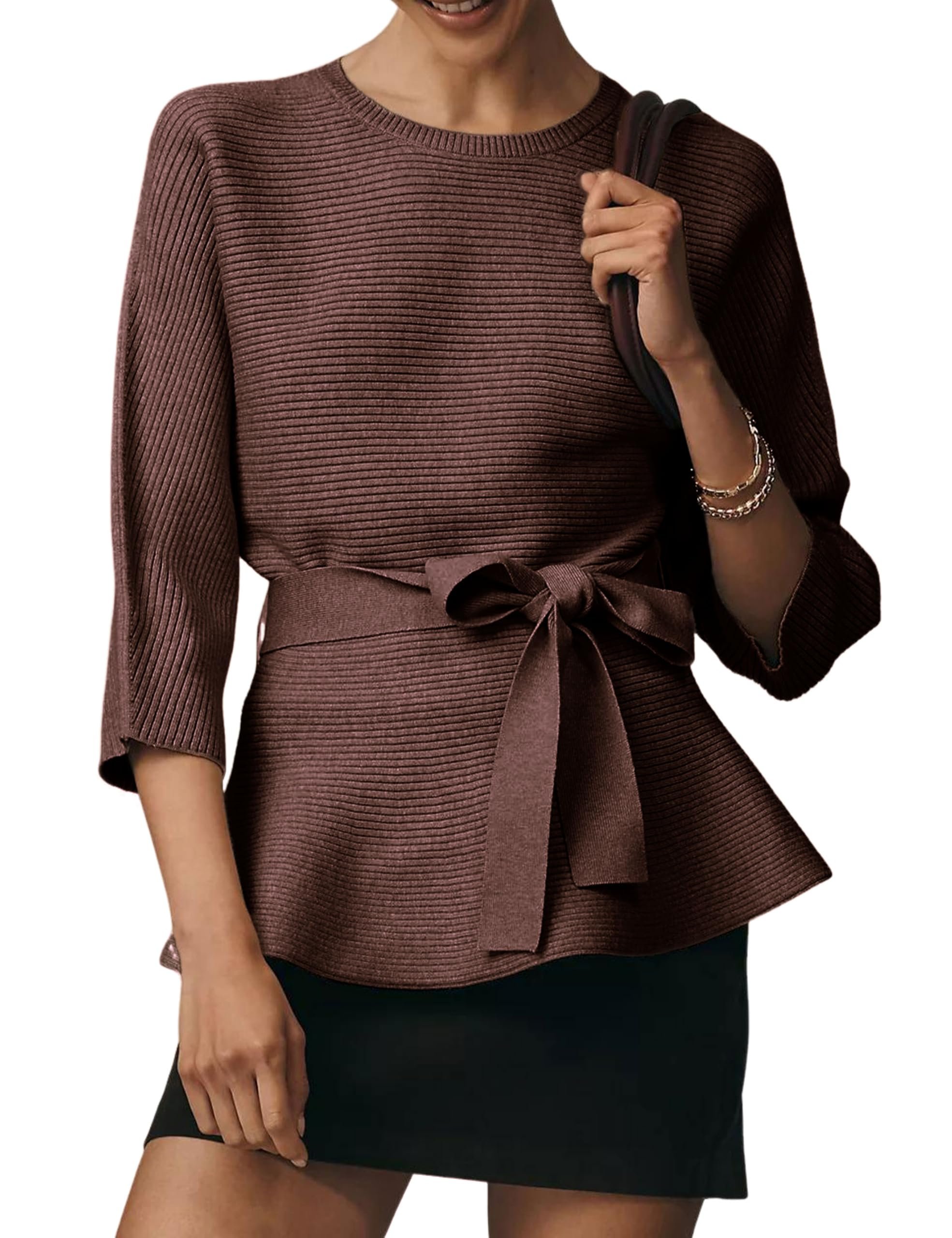 3/4 sleeves and peplum hem ending at the shorts — Yeokou Womens Ribbed Belted Sweater 3/4 Sleeve Crew Neck Pullover Tunic Top Spring Fall Casual Loose Fit Knitwear