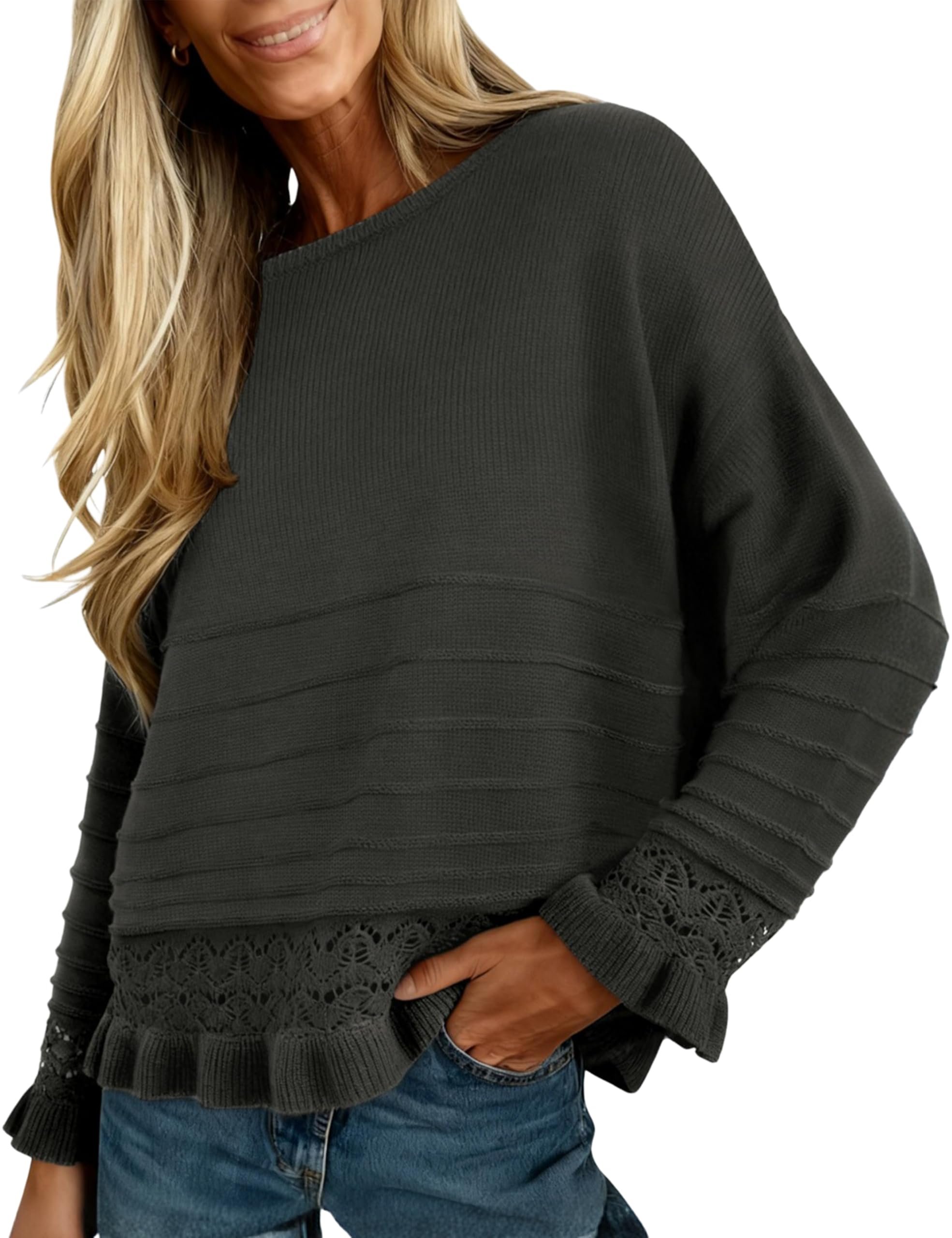 White sneakers paired with beige bermuda length — Yeokou Womens Pullover Sweater Round Neck Ruffled Hem Knit Crochet Long Sleeve Winter Spring Casual Top Outfits