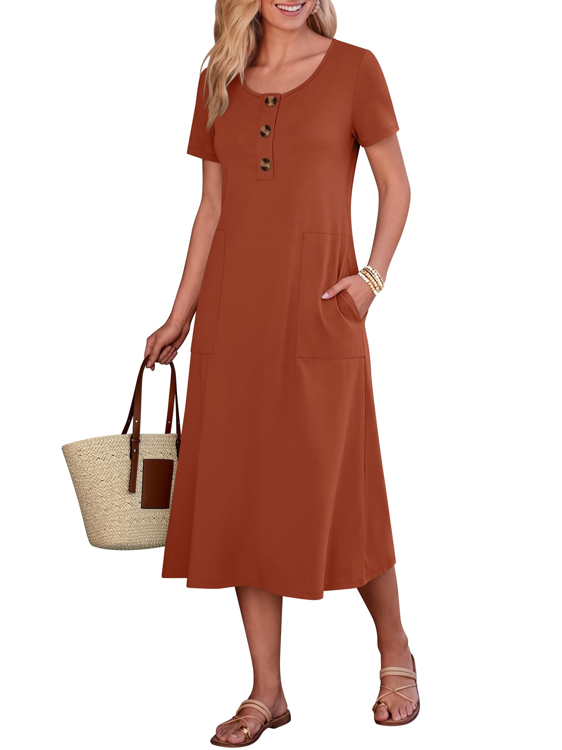 Two front patch pockets at hip level — Anrabess Women Midi Dresses Short Sleeve Button Up Crewneck Summer Dress