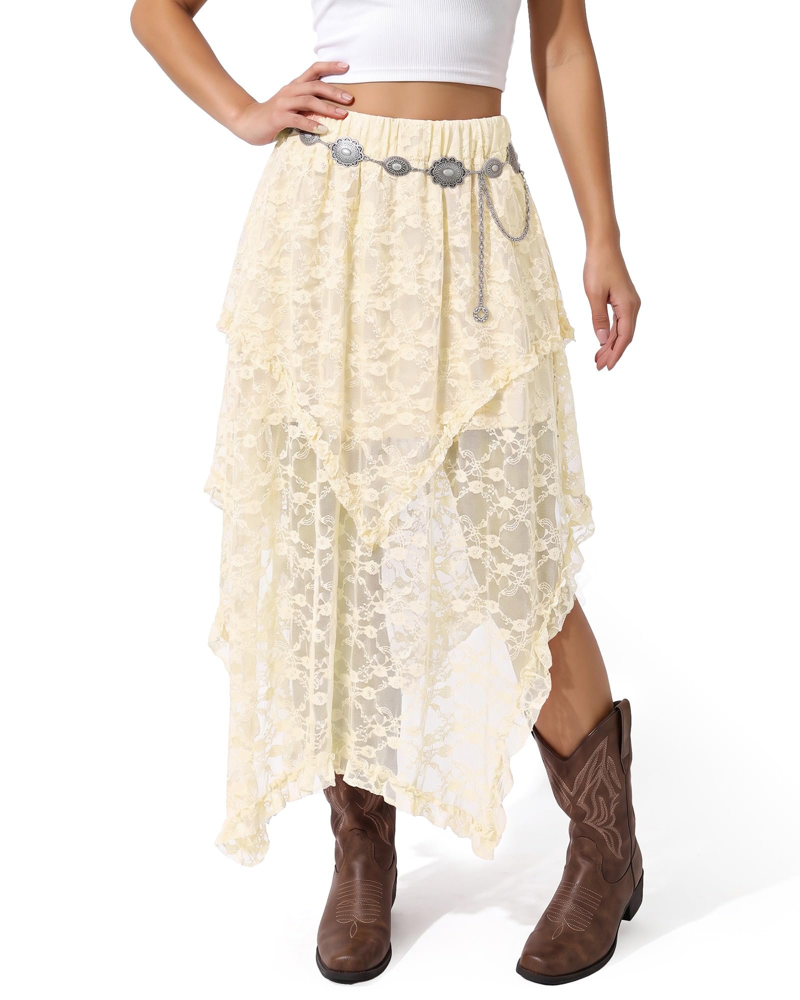 Rolled sleeves cuffed below the elbow — Waist Wow Women's Lace Long Skirts Elastic Western Skirt Asymmetrical Layered Hem Flowy Boho Skirt See-Through Floral Beach Maxi Skirt