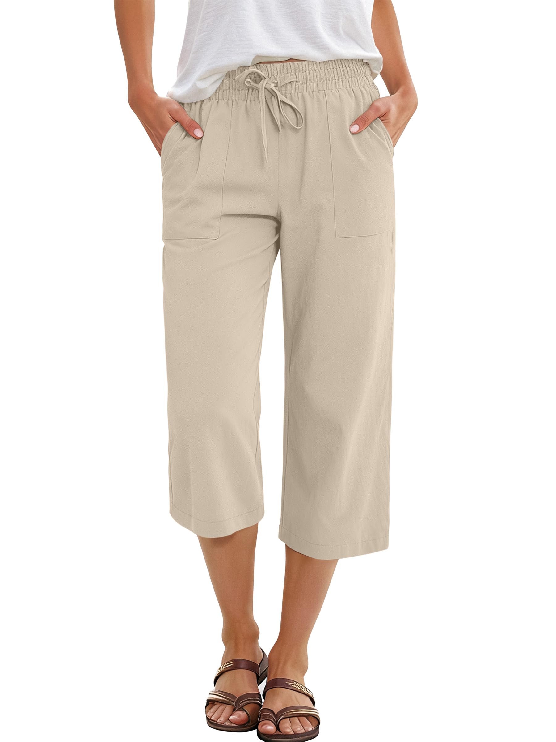 Hood resting behind the long quilted vest — Anrabess Capri Pants for Women Summer Casual Drawstring Elastic with Pocket
