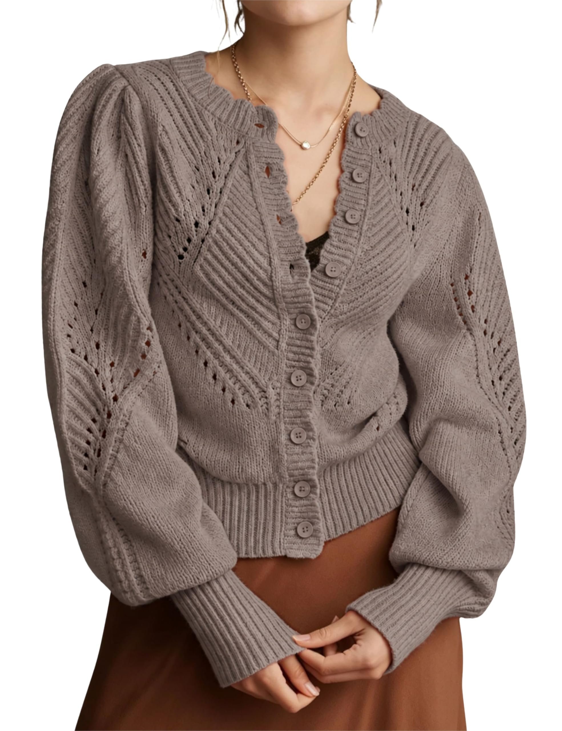 Pointelle eyelet on the taupe hooded knit — Minsure Women Pointelle Knit Lightweight Cardigan Puff Sleeve Scalloped Trim Button Down Open Front Cropped Sweater Jacket