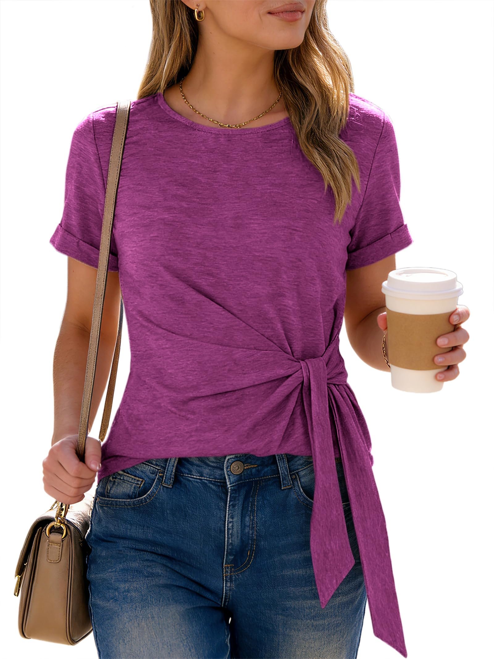 Magenta side knot with the long tails hanging — Anrabess Women Short Sleeve Tops Summer Casual Tie Waist T-Shirts