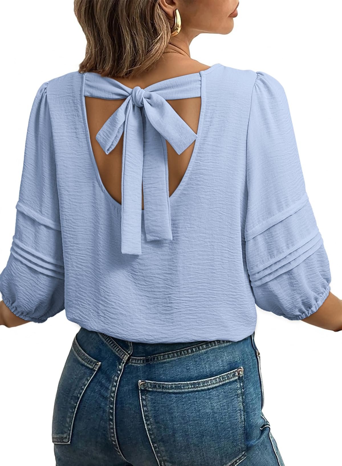 Puff sleeves with pintuck bands and elastic cuffs — Dokotoo Blouses for Women Dressy Casual 3/4 Length Solid Sleeve Summer Tops