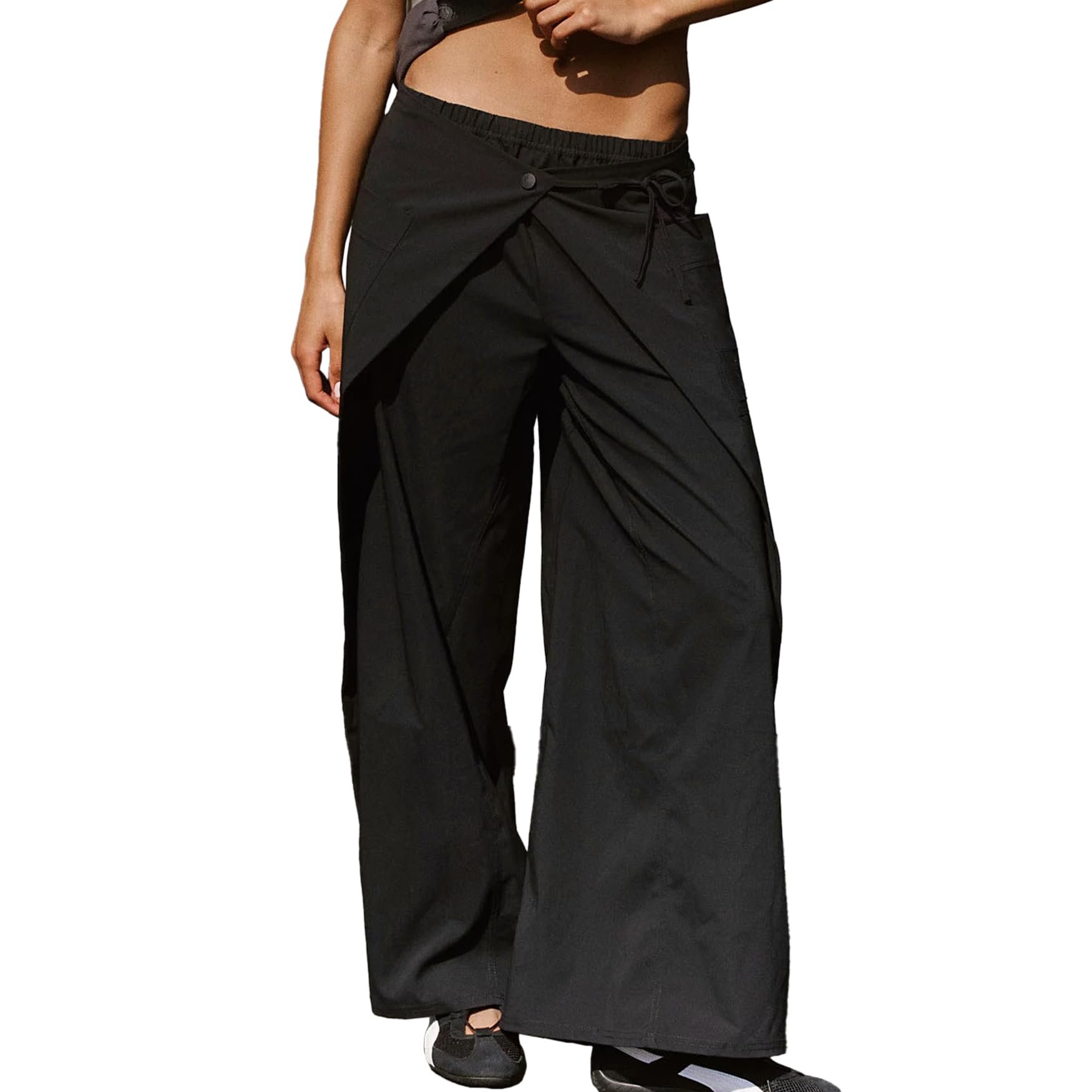 Blouse crossed the closet for a change — Keeliya Womens Casual Wide Leg Pants Elastic Wasit Low Rise Front Crossover Drawstring Parachute Baggy Trousers