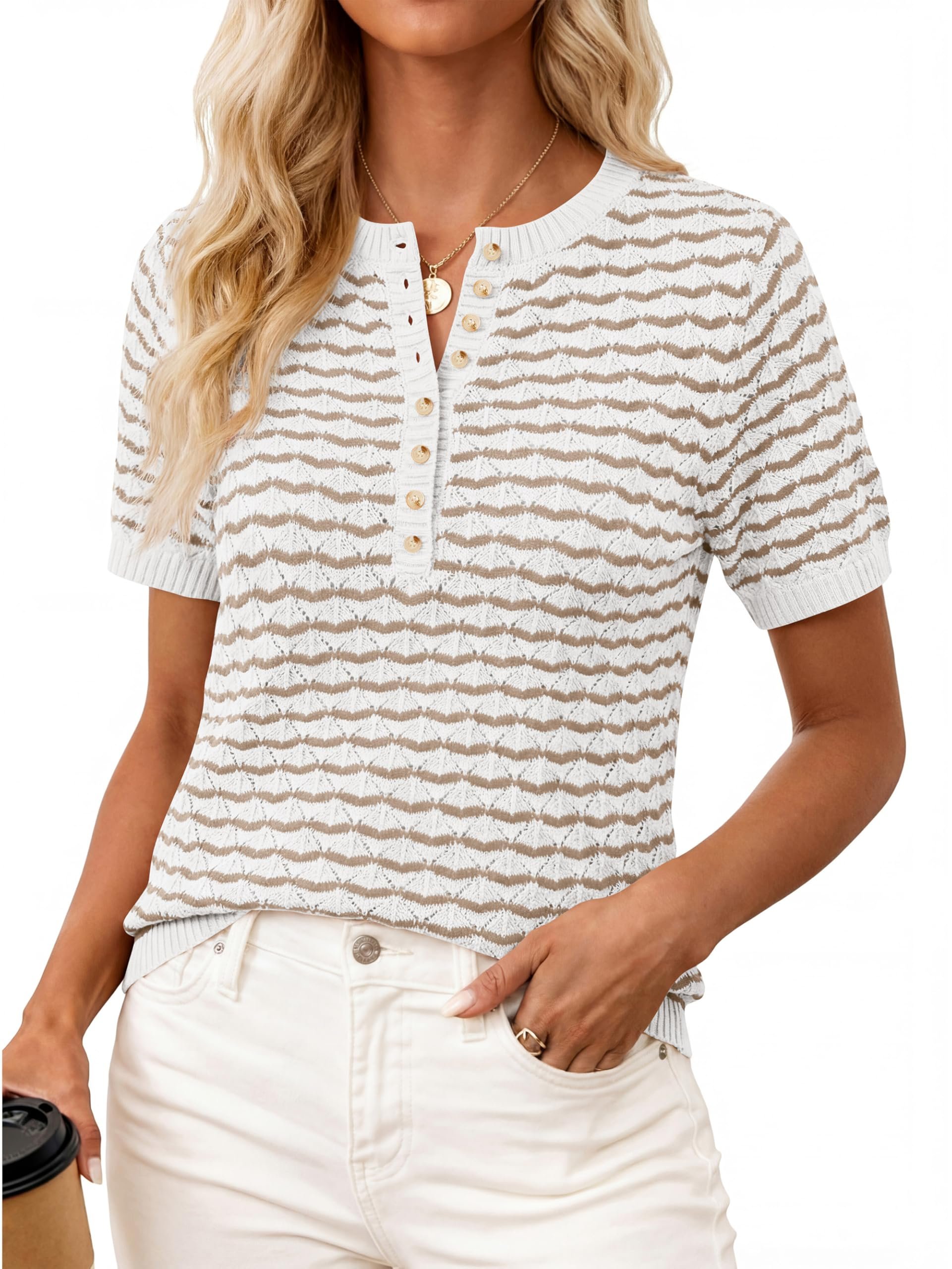Buttoned once, committed twice — Prettygarden Womens Summer Striped Short Sleeve Sweaters Button Henley Tops
