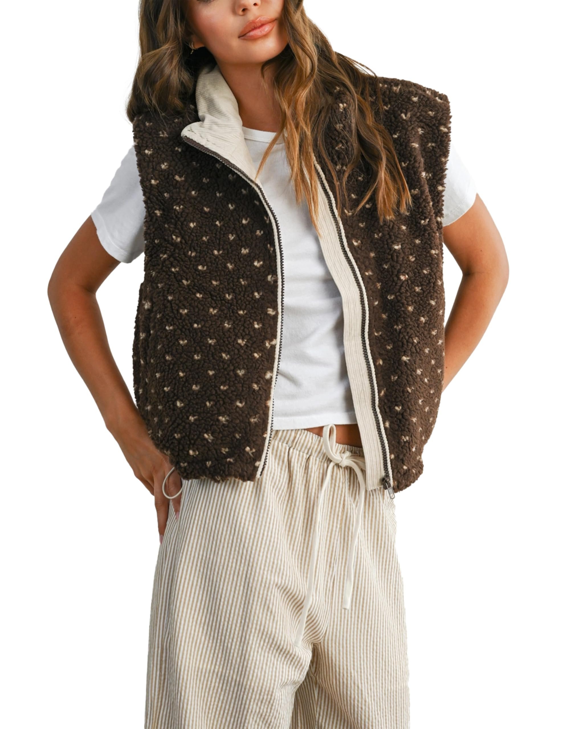 A quick cameo from Jacket — Yegthou Fuzzy Fleece Vest Women Casual Sleeveless Polka Dots Sherpa Jacket Trendy Gilet Winter Outerwear with Pockets