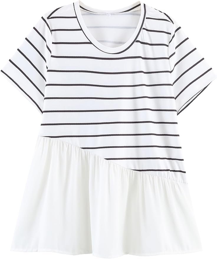 The diagonal seam where stripes meet the white ruffle — Keomud Womens Top Striped Short Sleeve Ruffle Tee Shirts