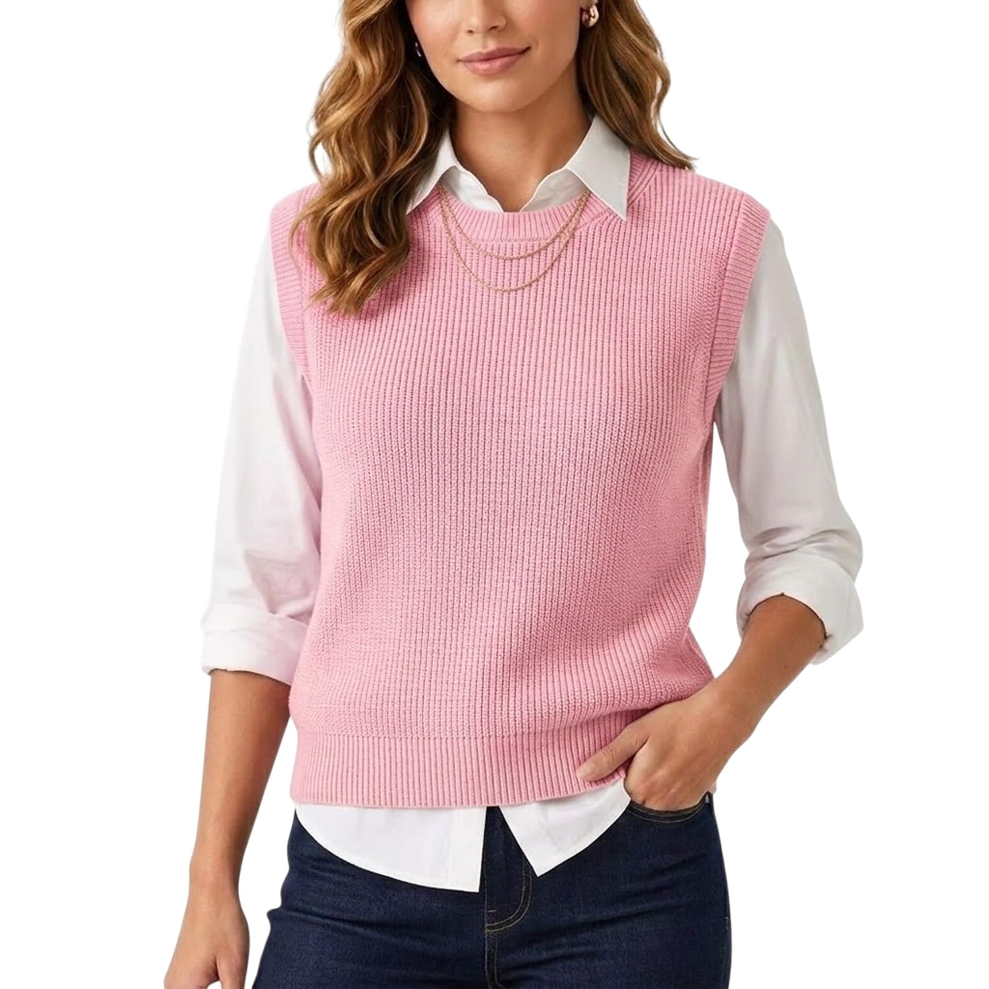 Red sequin midi sitting at high waist — Grewear Sleeveless Crew Neck Knit Sweater for Women, Soft Lightweight Pullover Top, Elegant Summer Knitwear