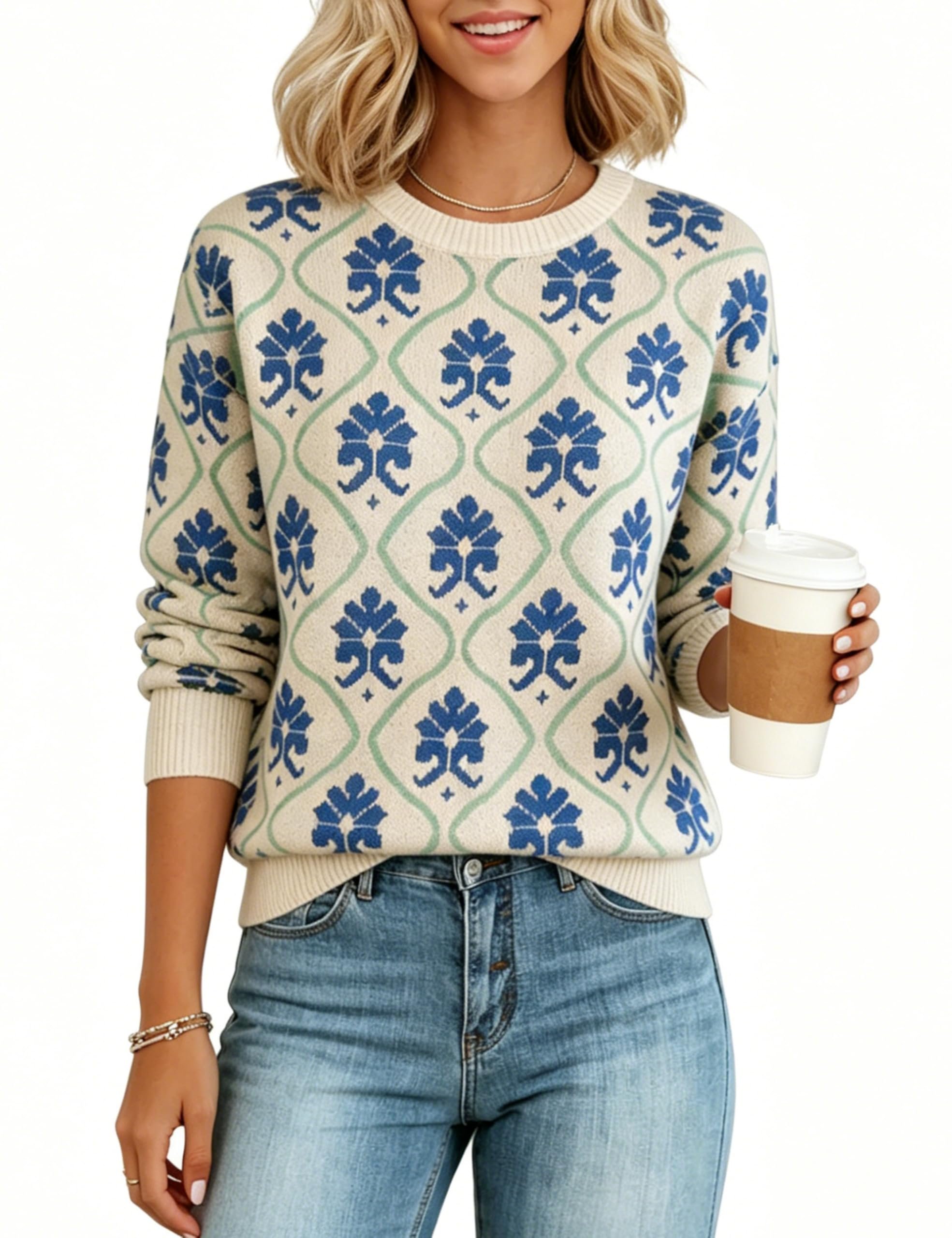No notes, just Top — Yeokou Women Floral Sweater Crewneck Long Sleeve Knit Print Pullover Casual Chunky Knitwear