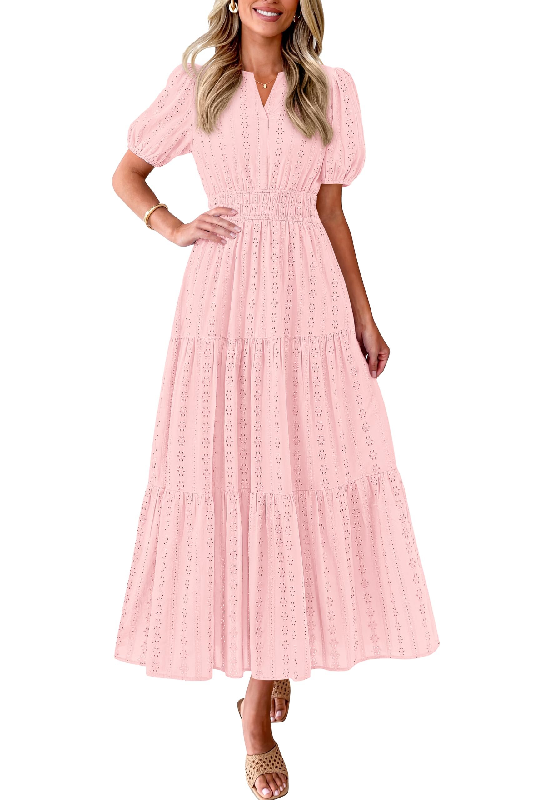 V-notch at the front with eyelet cutouts down the bodice — Prettygarden Womens Summer Maxi Dresses 2026 Casual Puff Sleeve V Neck Smocked Flowy Eyelet Cotton Dress Spring Sundress