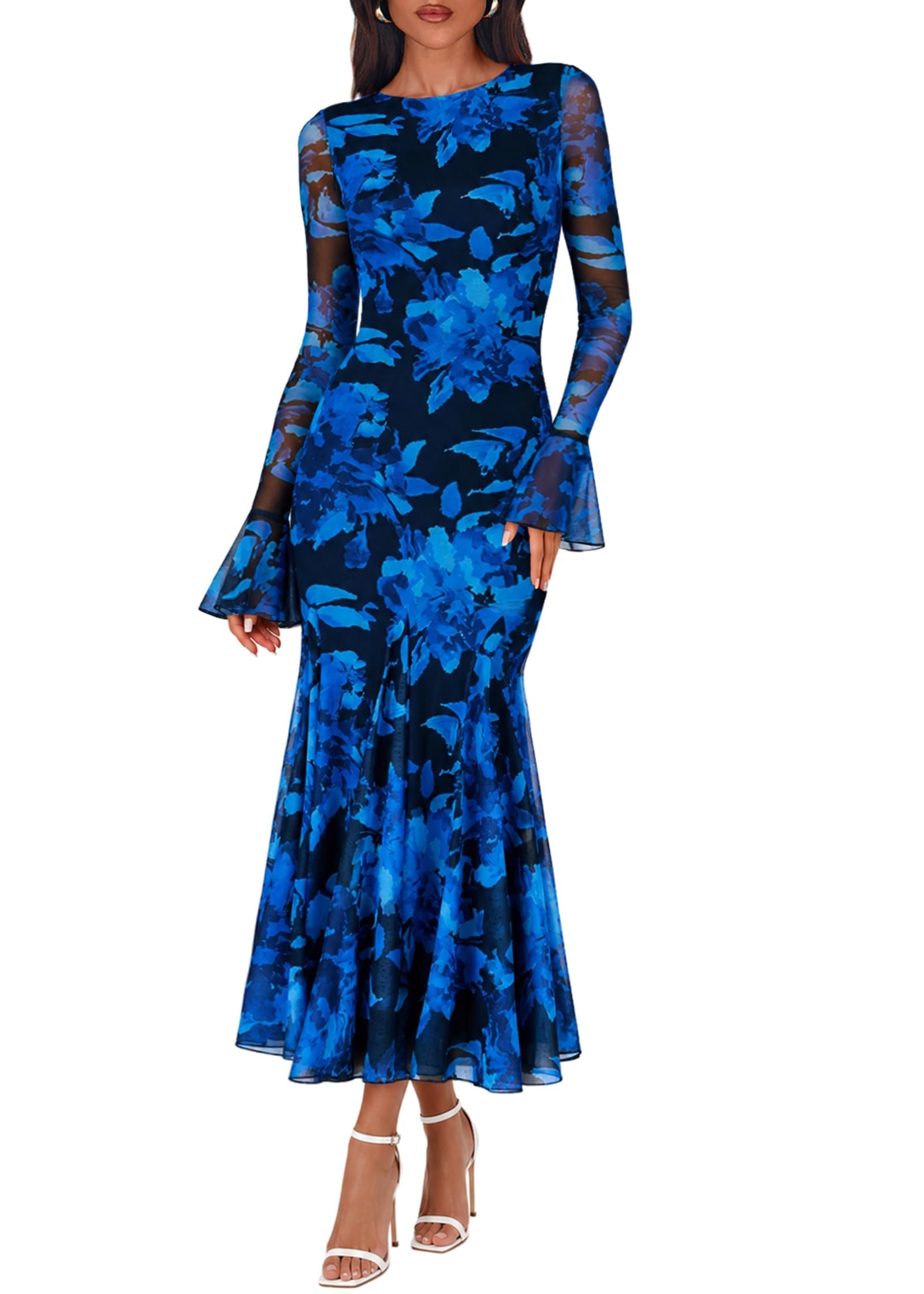 Boat neckline and fitted waist into a mermaid flare — Lazysmile Women's Long Sleeve Floral Maxi Wedding Guest Dresses