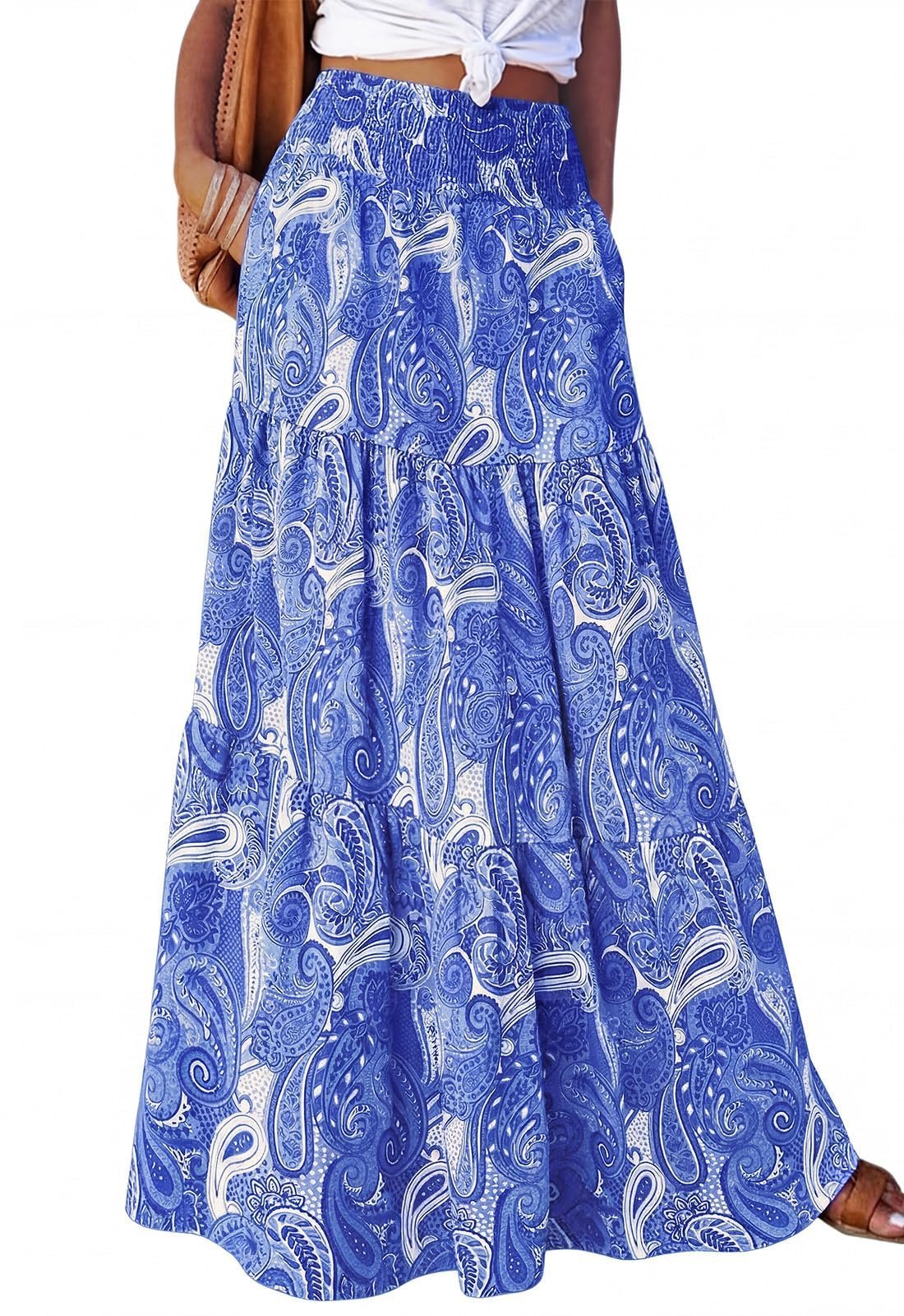 The notched hem over the high smocked waistband — Prettygarden Fall Boho Floral Maxi Skirts for Women 2026 Elastic High Waist Flowy Beach Vacation Long Skirt with Pockets