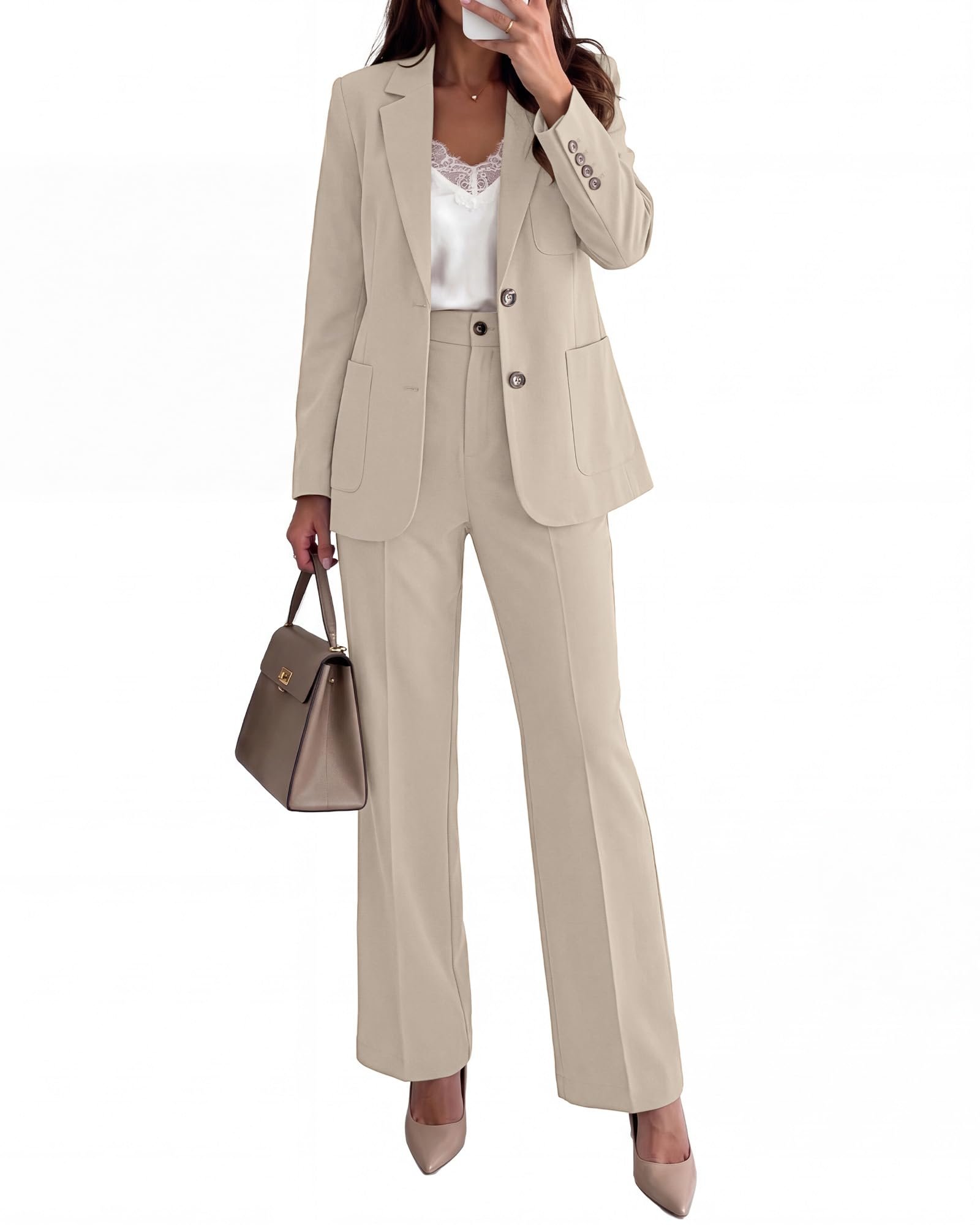 The beige trousers keep a sharp center crease — Luvamia Pants Suits for Women Dressy 2 Piece Set Business Casual Outfit Professional Long Sleeve Office Work Blazer Sets