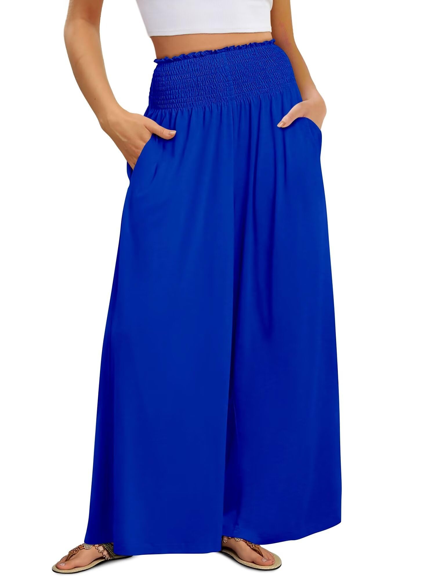 Smocked ruffles stacked high in royal blue — Kissmoda Women Palazzo Pants Summer Boho Bagyy Wide Leg High Smocked Waist Flowy Beach Casual Trousers with Pockets