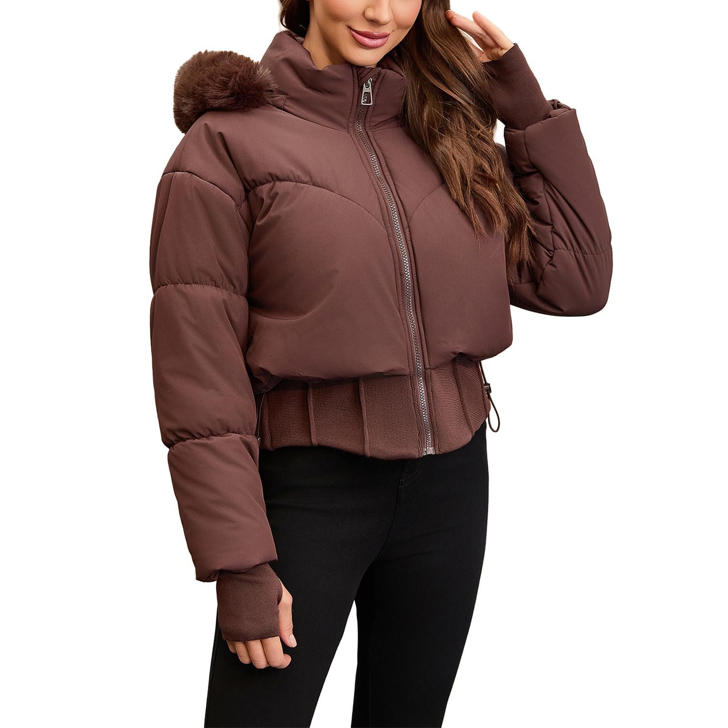Cropped Jacket brought its own sunshine — Hunchii Women's Winter Cropped Puffer Jacket Warm Thicken Coat with Faux Fur Removable Hood