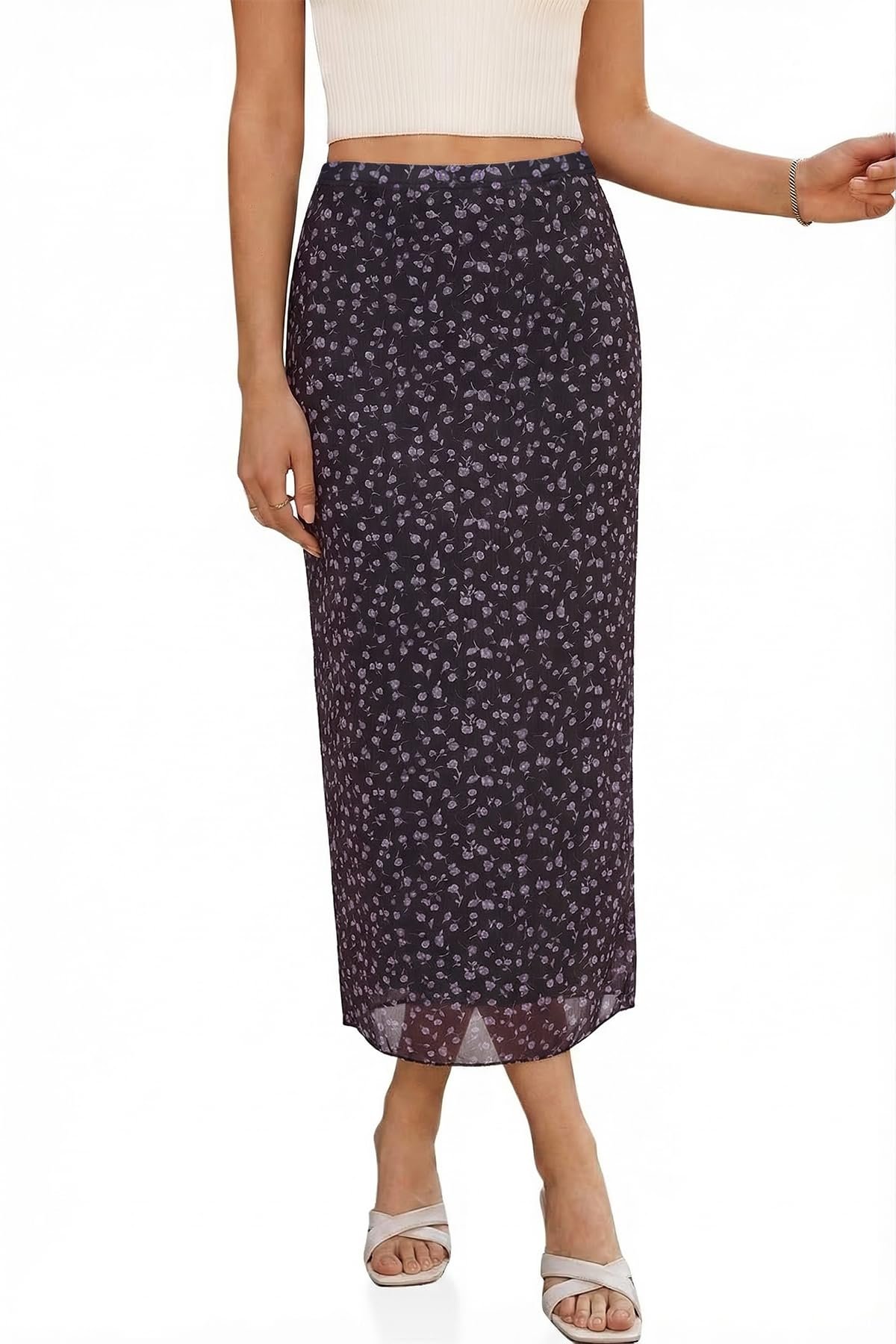 Silver zipper glinting against the blue checks — Cicy Bell Womens Floral Mesh Midi Skirts Elastic High Waisted Animal Print
