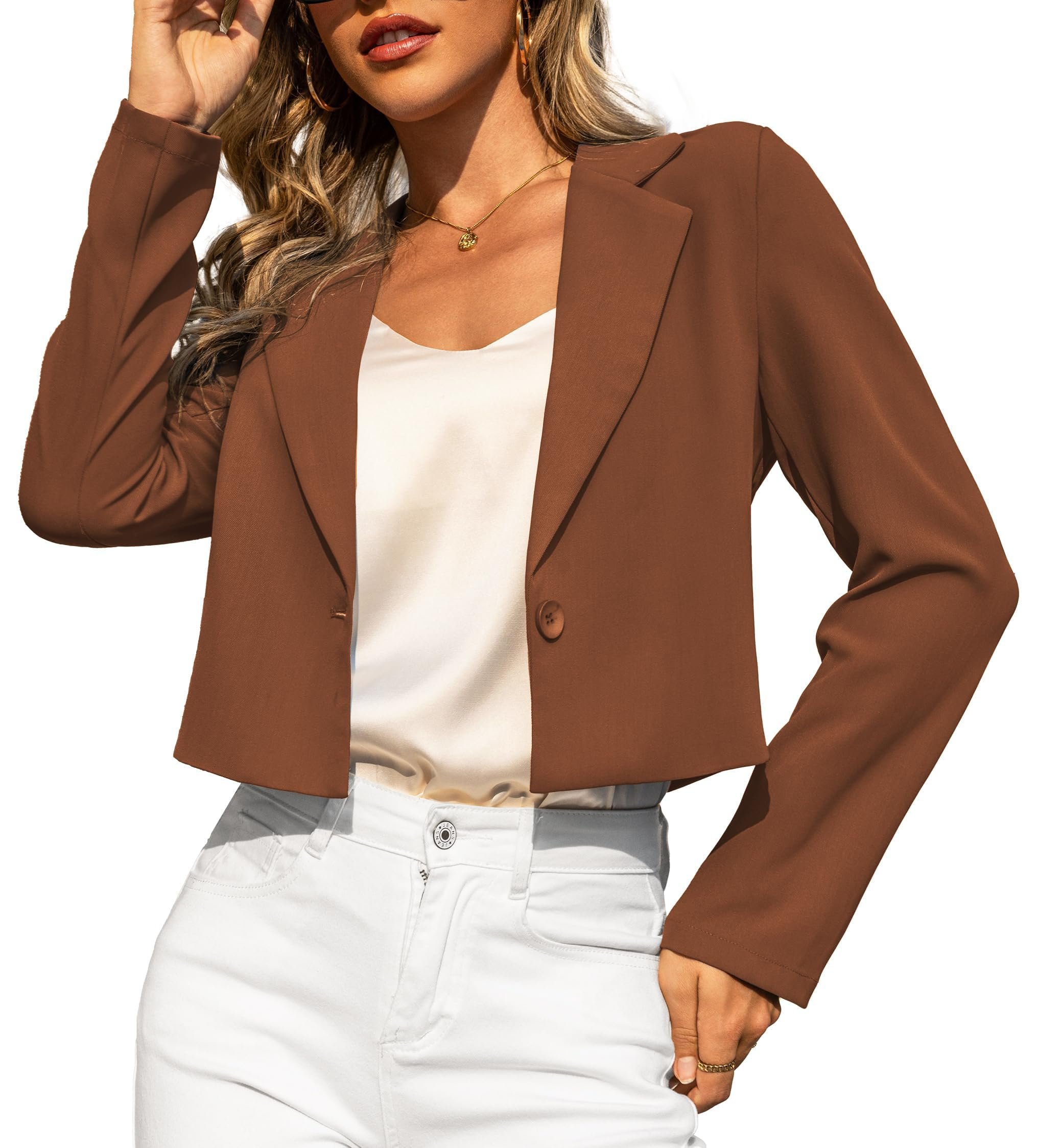 Single brown button closing the cropped front — Letdiosto Cropped Blazers for Women XS-XL