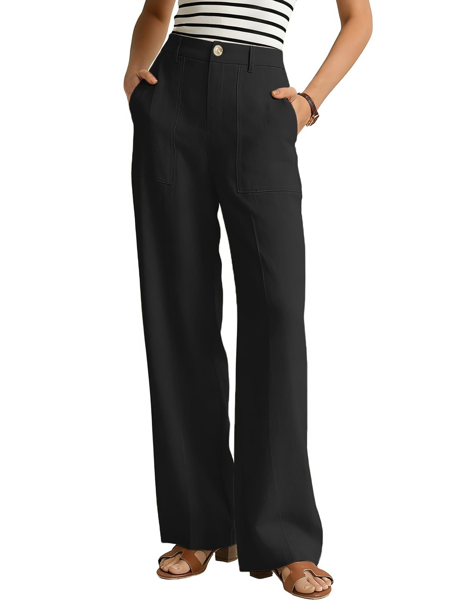 Chest flap pockets on the brown cropped bomber — Grace Karin Linen Pants Women Comfy Wide Leg Casual Work Pants