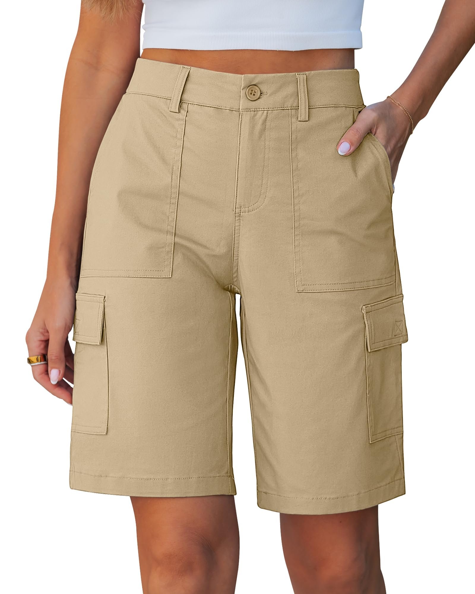 Jacket and Shorts made getting dressed suspiciously easy — Luvamia Bermuda Shorts for Women Knee Length Casual Summer Mid Rise Cargo Pockets Knit Elastic Waist 11 Inch Inseam Shorts