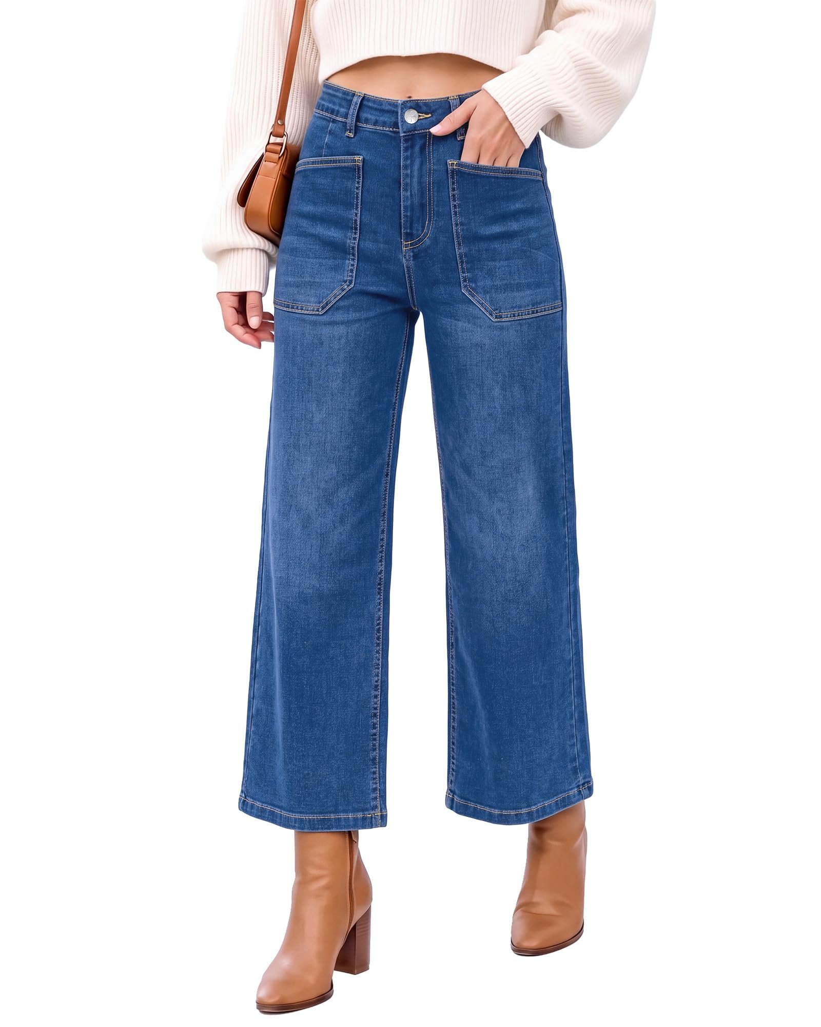 Sweatshirt walked into a closet and raised the bar — Grapent Wide Leg Jeans Woman Trendy Cropped High Waisted Patch Pocket Stretch Denim Pants Baggy Loose Straight Leg Jeans