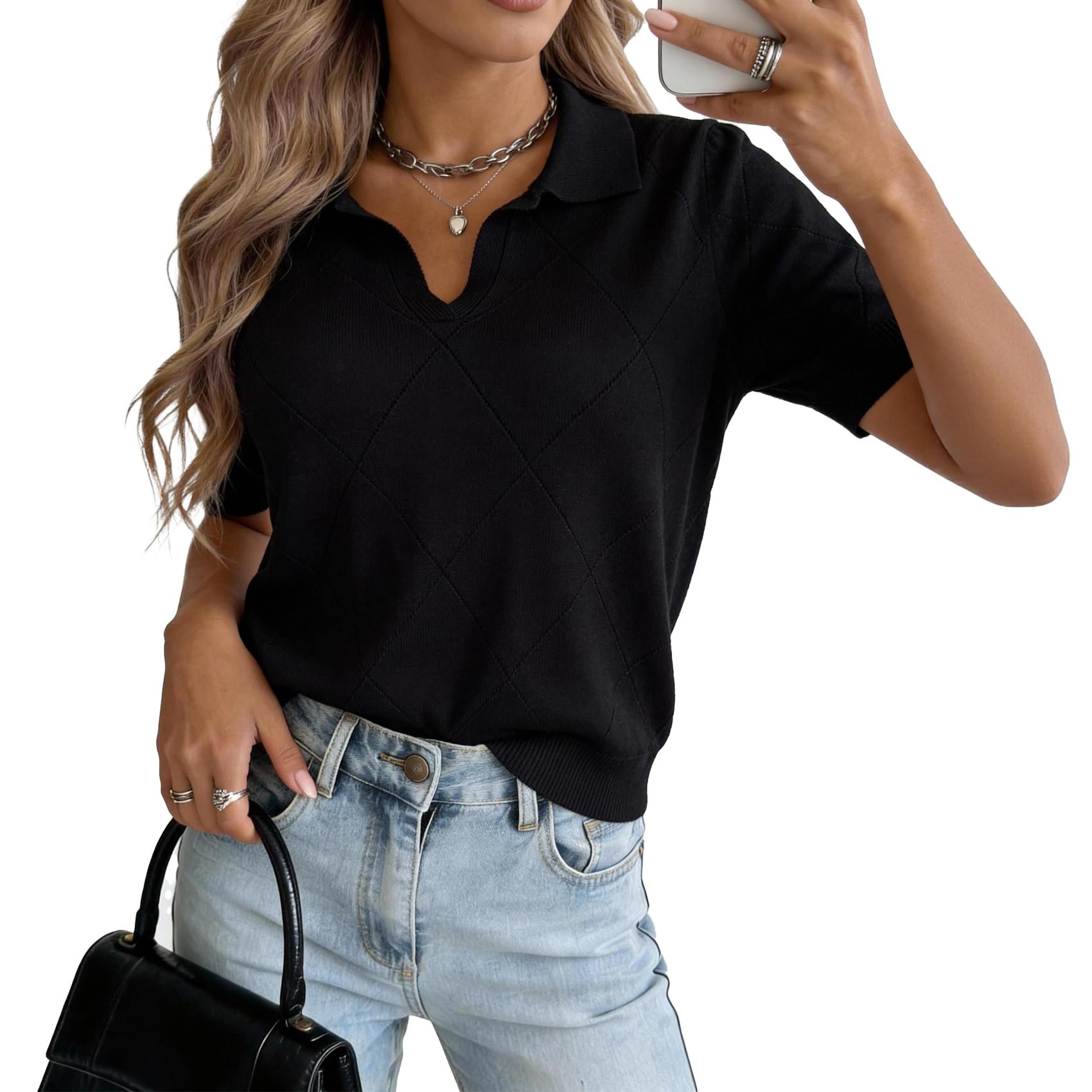 Ribbed polo collar with that little V notch — Truwelby Women's Short Sleeve Sweater 2026 V Neck Openwork Knitwear