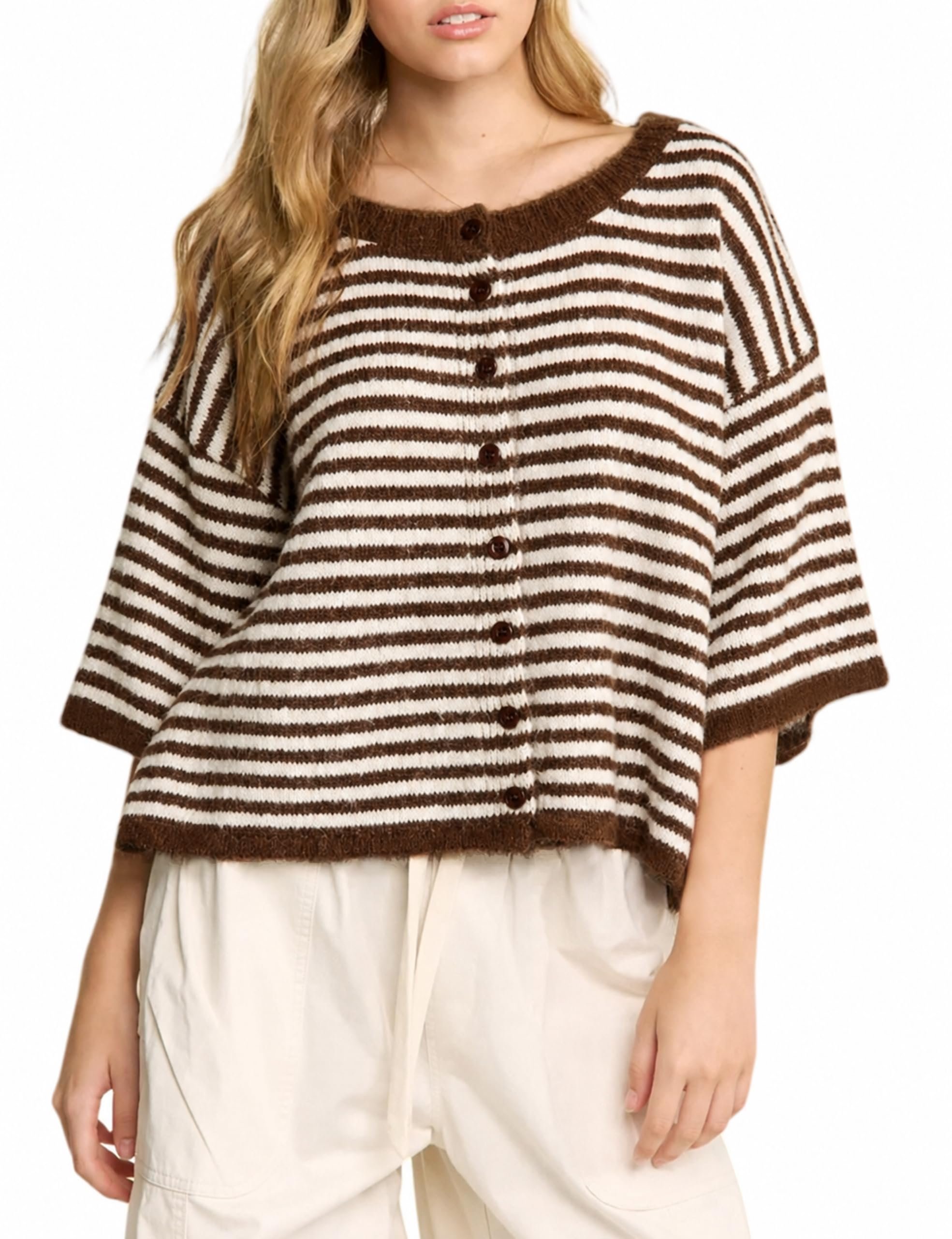 Leopard fade down the side of the mauve flares — Seetaa Women's Striped 3/4 Sleeve Button Knit Cardigan Sweater
