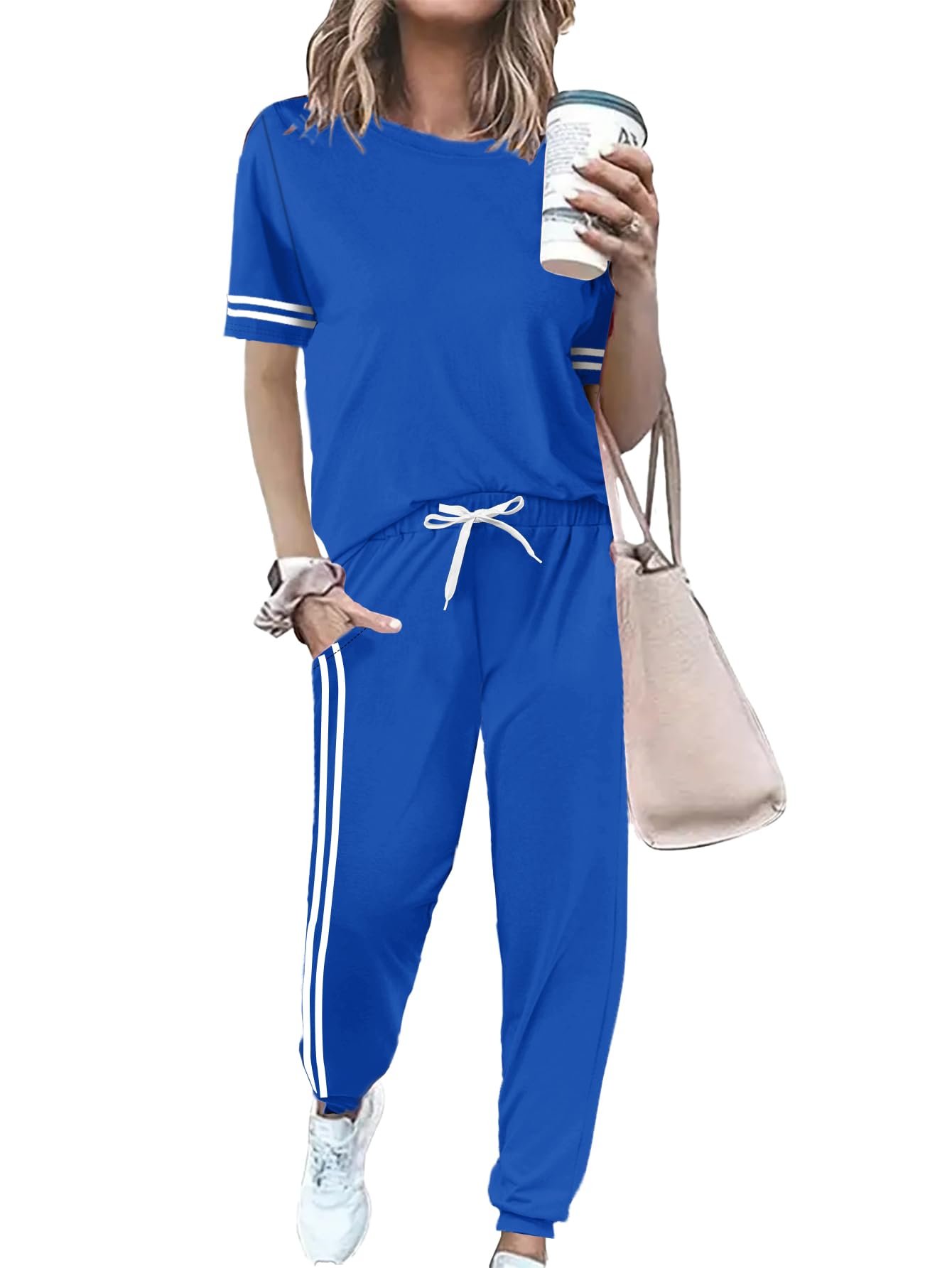 I wore Shorts; the day developed a personality — Kbkbsn Women 2 Piece Outfits Summer Set Striped Short Sleeve Sweatsuits Crew Neck Pullover Lounge Tracksuit with Pocket