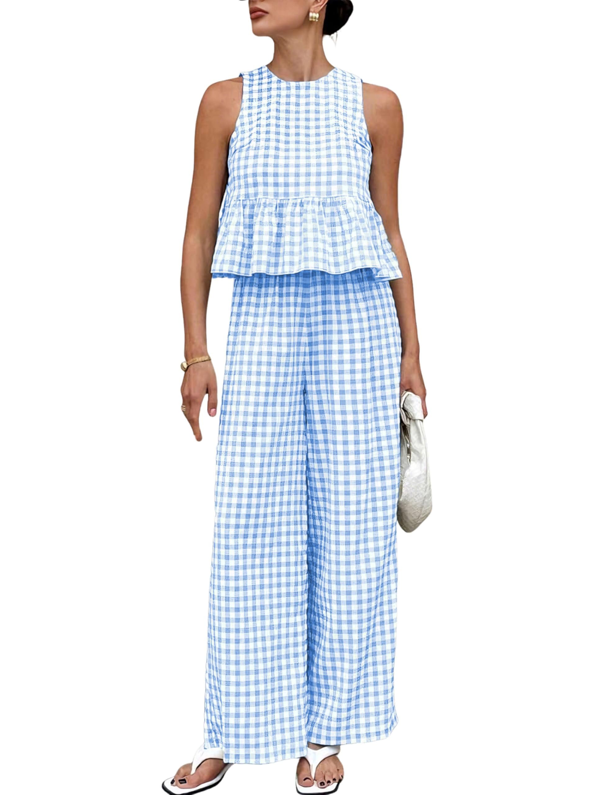 Matching blue gingham top to bottom, ruffle at the waist — Vateami Womens 2 Piece Gingham Sets Sleeveless Summer Matching Sets