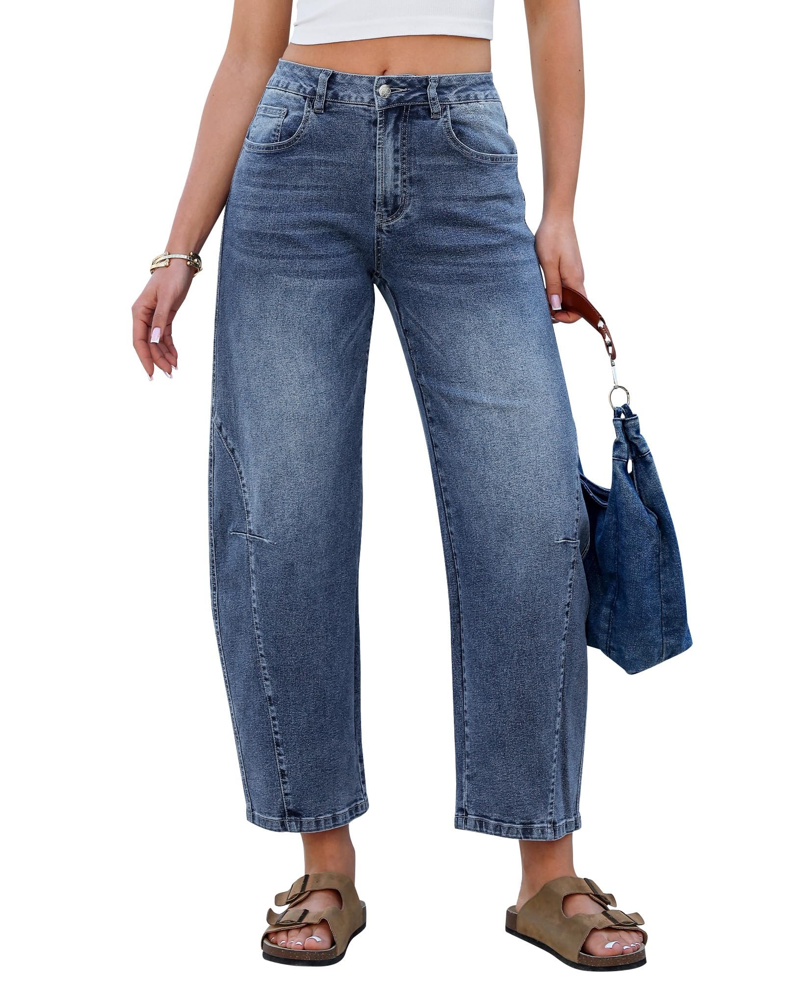 A well-suited punchline featuring Dress — Grapent Barrel Jeans for Women Cropped Trendy High Waisted Baggy Side Seamed Casual Stretchy Denim Pants Wide Leg Jeans