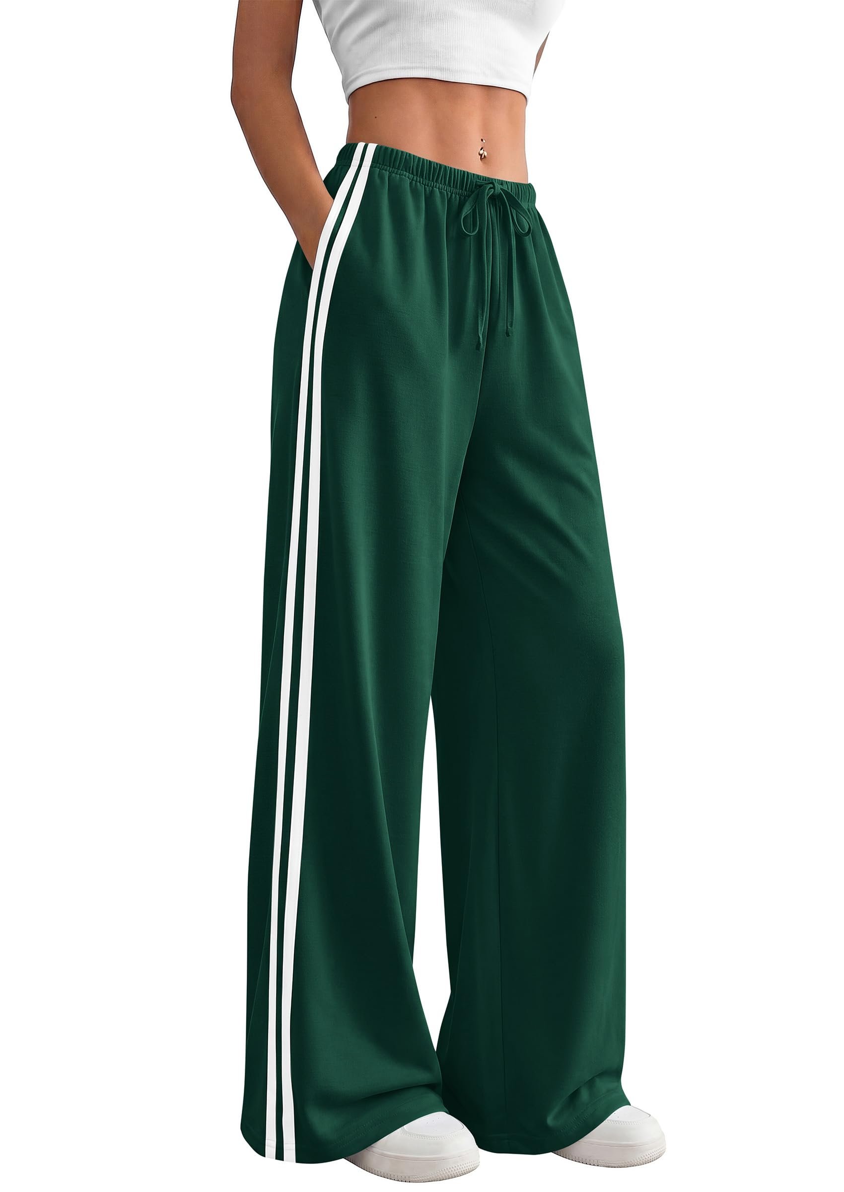Forest green pants with double white side stripes — Prettygarden Womens Wide Leg Sweatpants Striped Flowy Pants Trousers