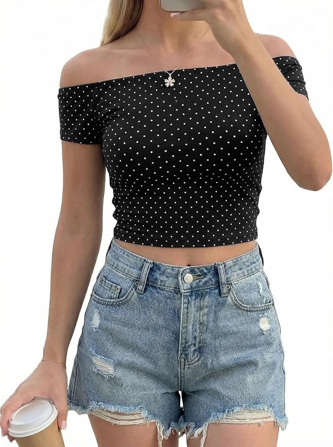 My black polka dot off shoulder top — Fomely Polka Dot Top Off The Shoulder Short Crop Shirts Going Out Blouse