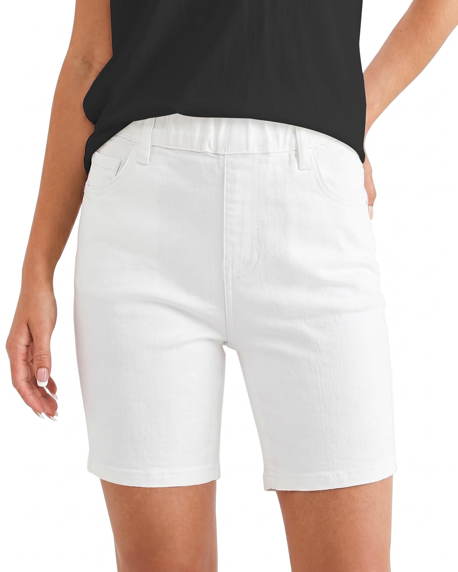 Navy and white styled in front of ivory — Lookbook Store LookbookStore Jean Shorts for Women Pull On Elastic Waist Mid Rise Casual Summer Jorts Stretchy Denim 7'' Long Shorts