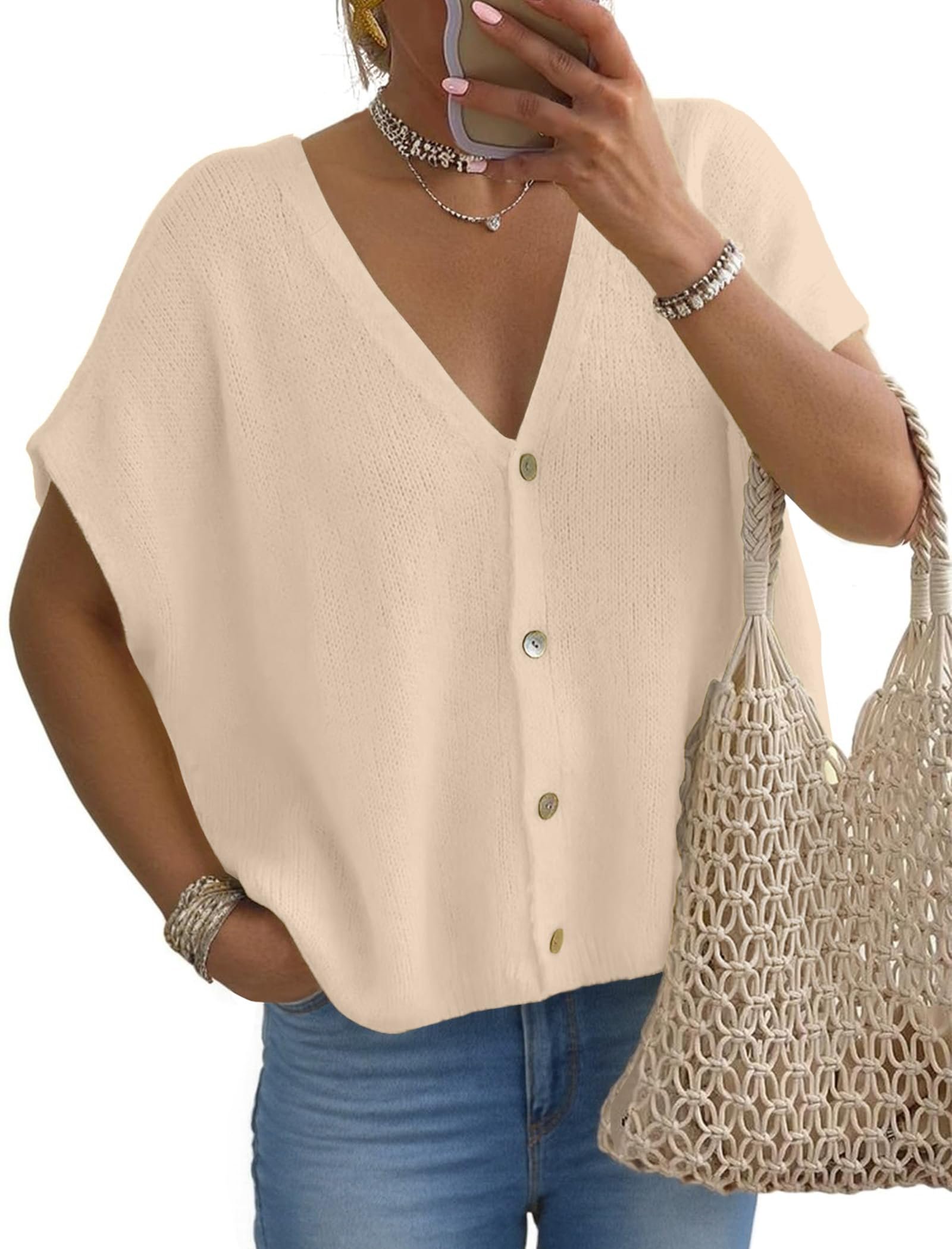 V-neck line opening up the short-sleeve cardigan — FireSwan Womens Casual Cardigan Sweaters Fall Lightweight Short Sleeve Tops