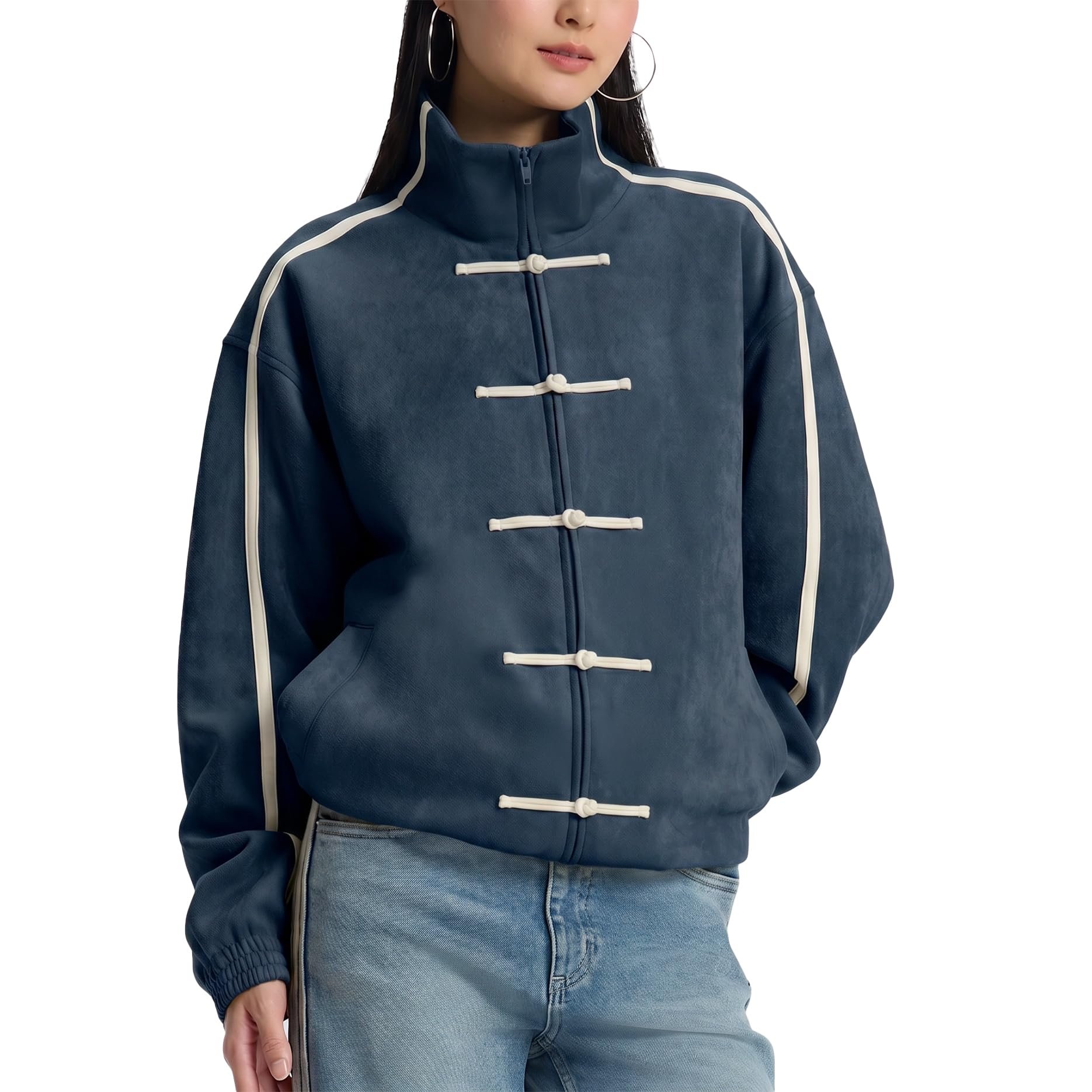 Navy jacket with white frog closures down front — Comdify Women Chinese Style Faux Suede Track Jacket Loose Fit Streetwear