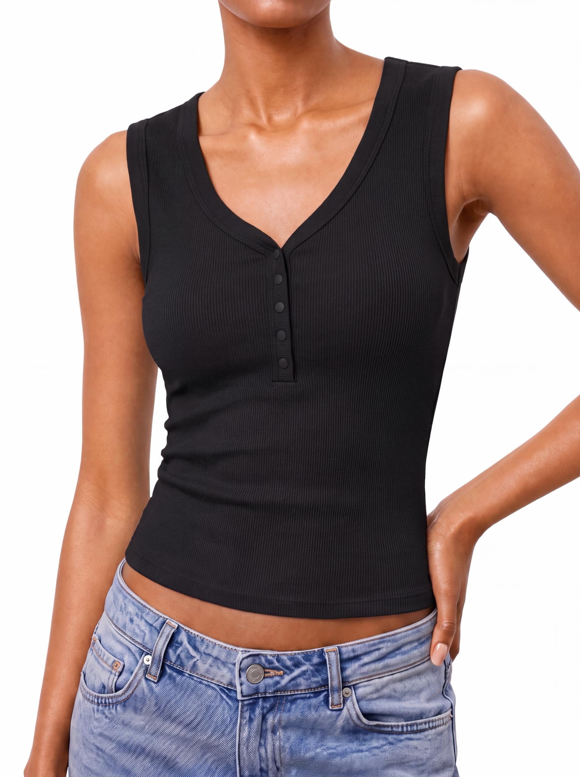Gray cargo pants with the black drawstring tied — Glivra Women's Ribbed Henley Tank Top V Neck Button Wide Strap Fitted Cotton Tops