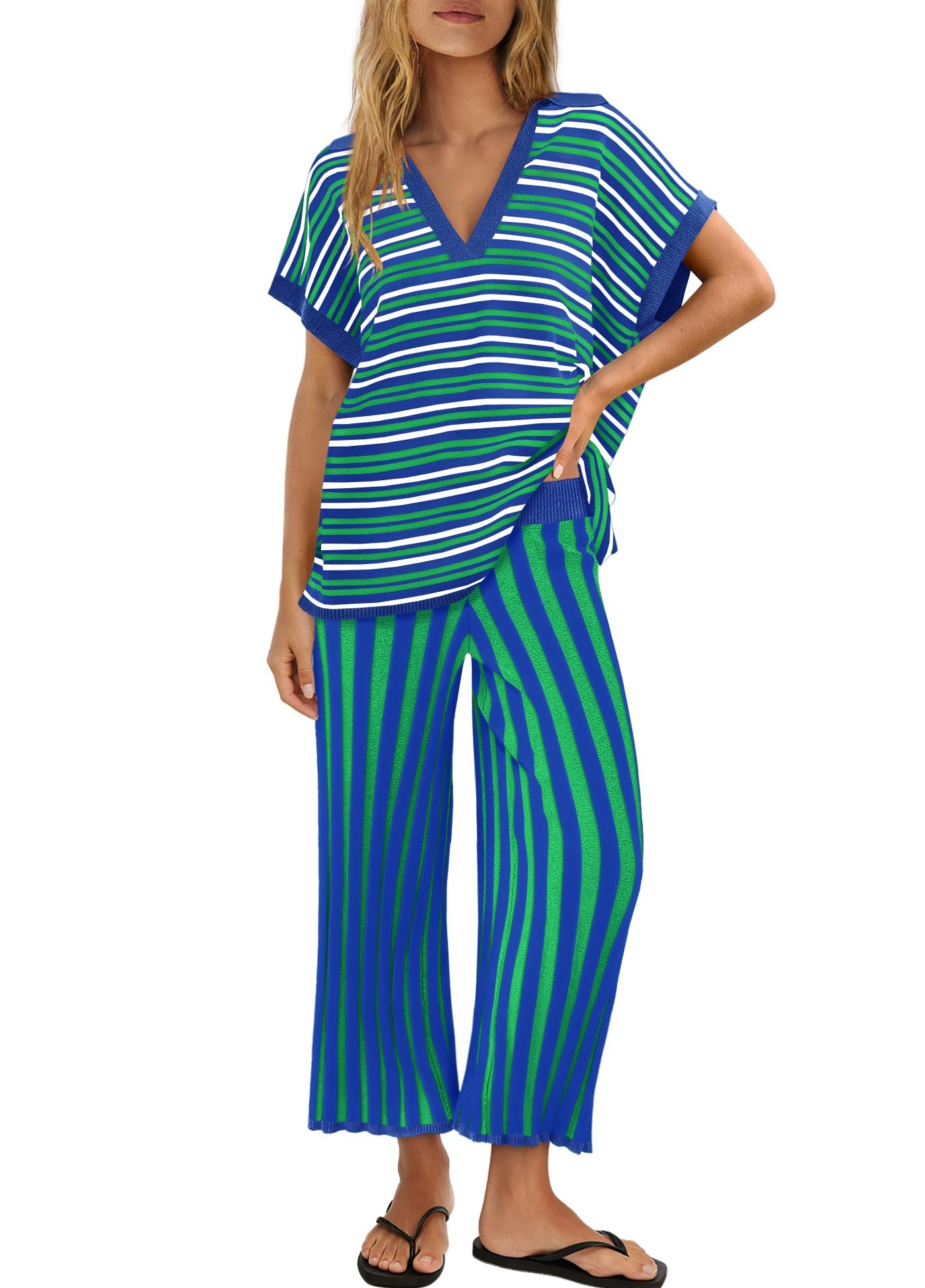 Top goes horizontal pants go vertical — ReachMe Women's Lounge Set Striped V Neck Top Wide Leg Cropped Pants