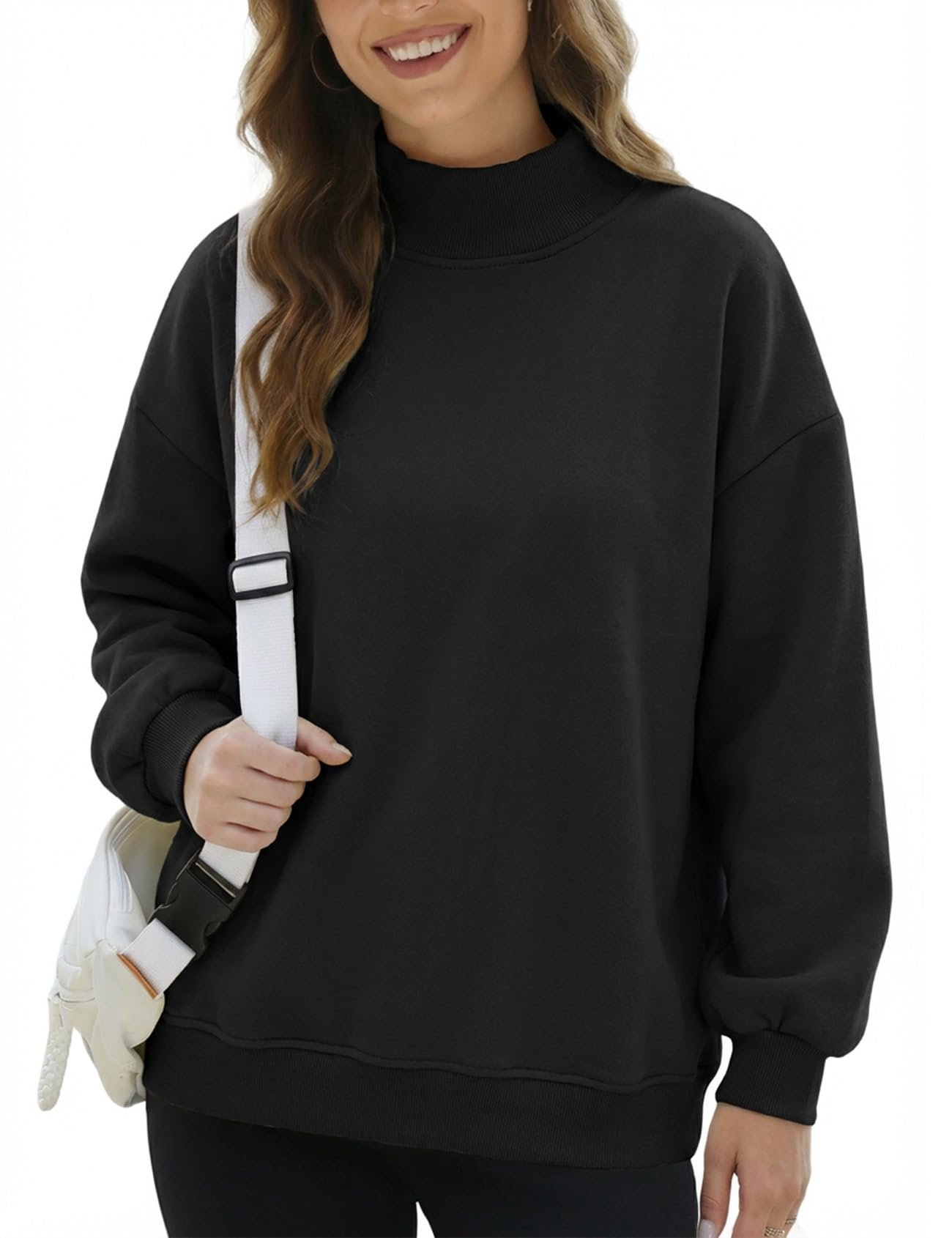 Black mock neck sweatshirt paired with gray cargos — Yimoon Mock Neck Sweatshirt for Women