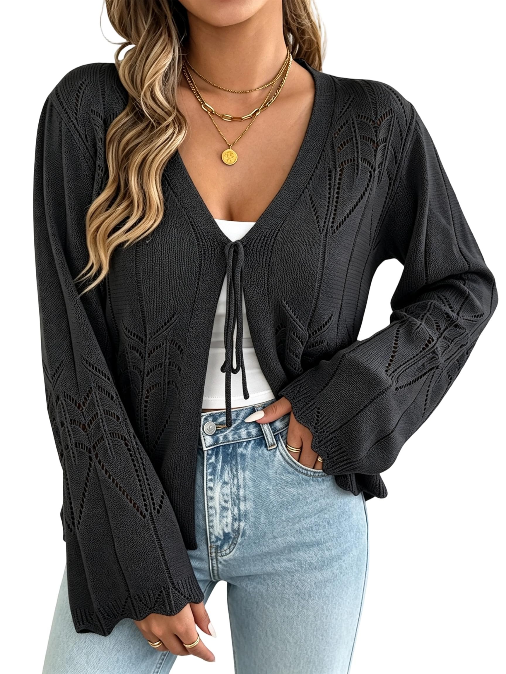 Elastic waist shirred above the joggers — Spicy Sandia Women's Tie Front Cardigan Bell Sleeve Sweaters