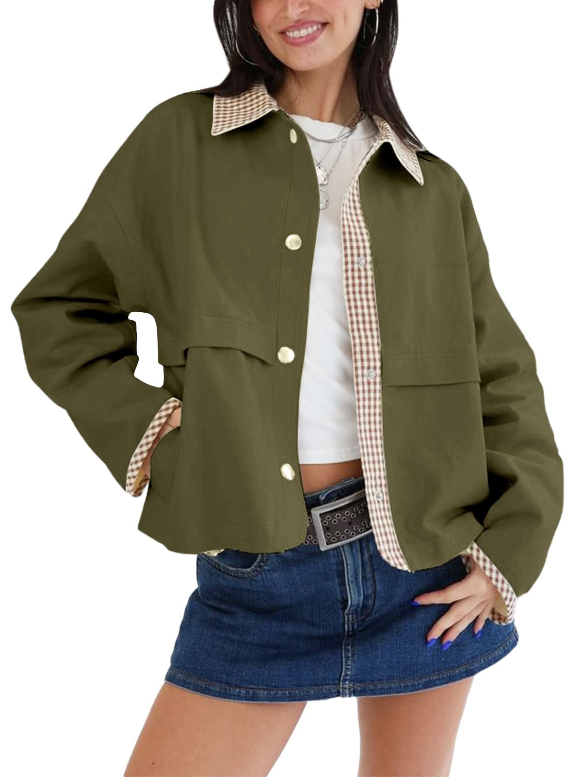 Gingham check lining showing at the collar and cuffs — Cufezn Womens Gingham Cropped Jacket Lightweight Lapel Short Trench Coat