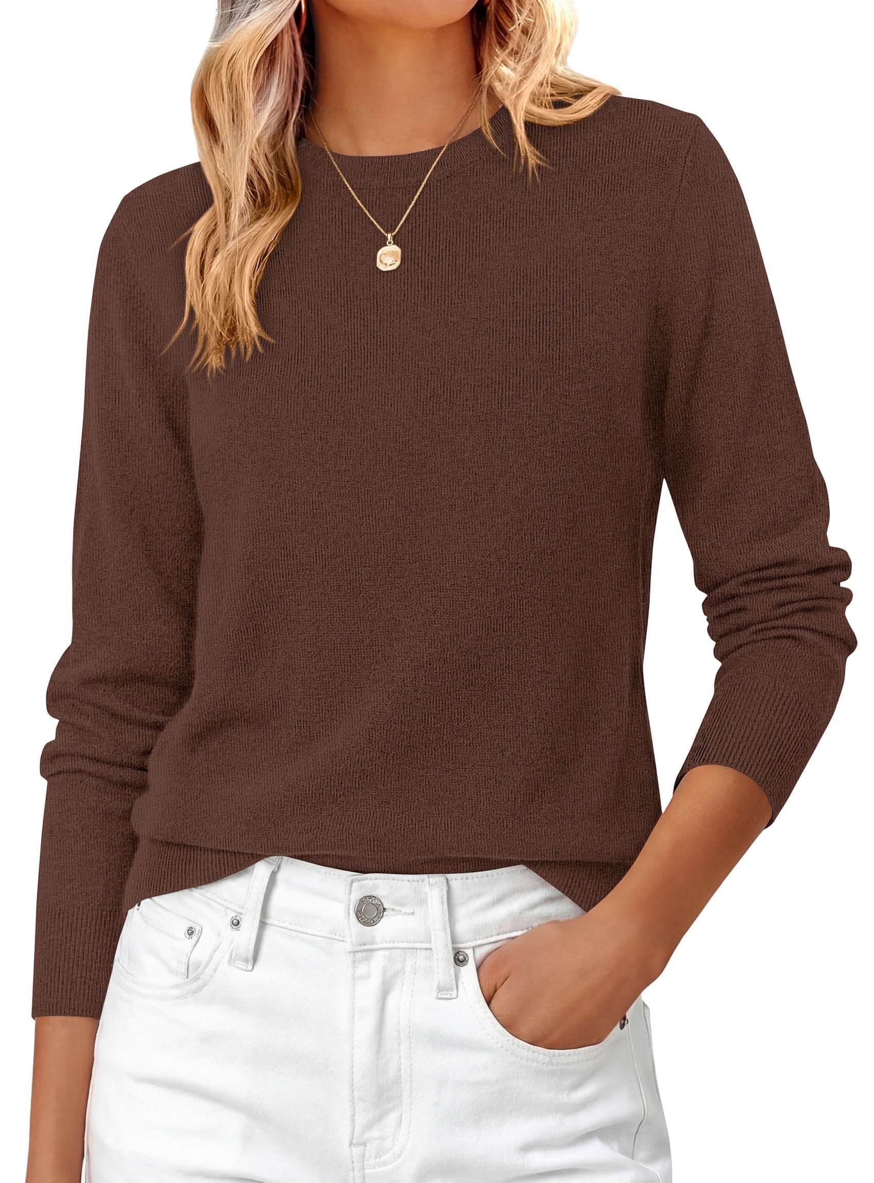 Brown ribbed crewneck tucked into that acid wash maxi — Prettygarden Womens Fall Basic Long Sleeve Sweater